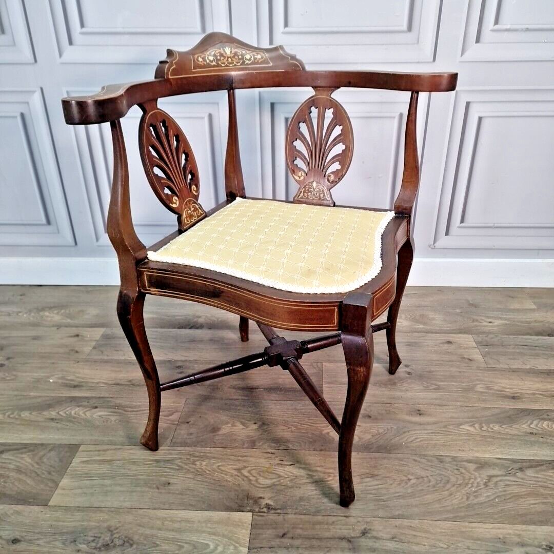 Antique Corner Chair Victorian Wooden Inlaid Carver Armchair Hall Mahogany