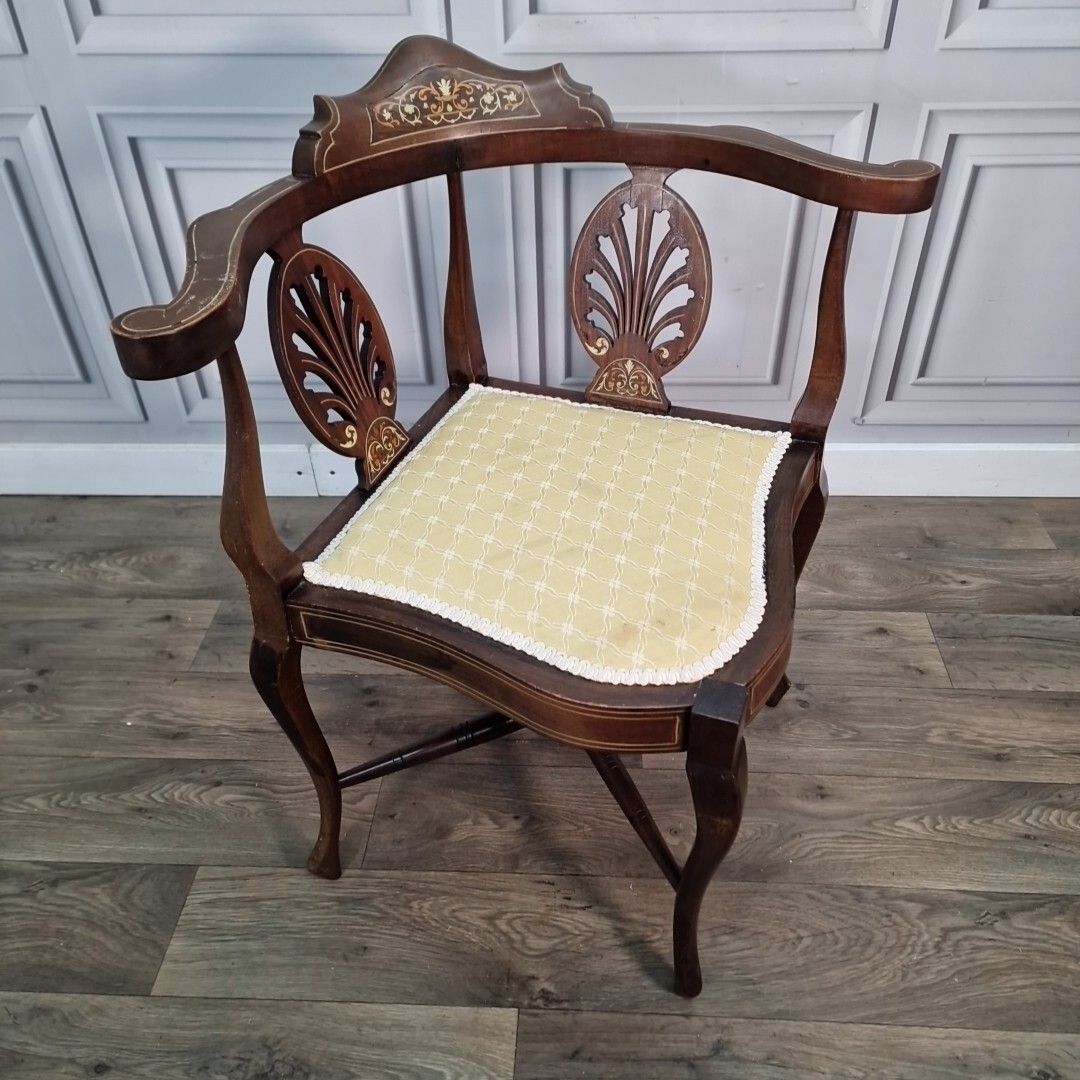 Antique Corner Chair Victorian Wooden Inlaid Carver Armchair Hall Mahogany photo for sale