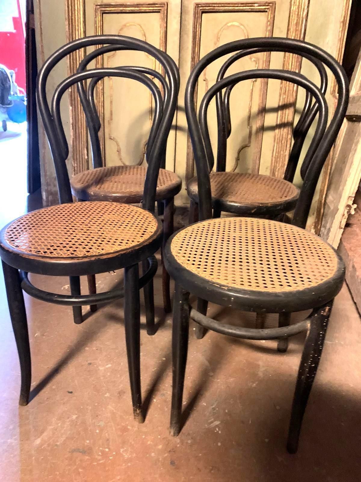 Set 4 Bentwood And Vienna Straw Chairs, J. & J. Khon Brand, Austria photo for sale