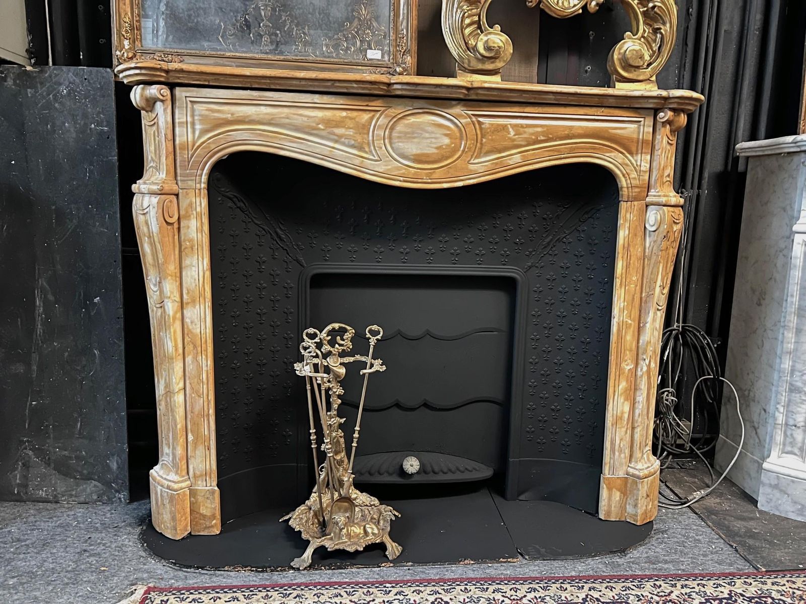 Yellow Marble Fireplace Frame Complete With Black Cast Iron Backsplash, Italy photo for sale