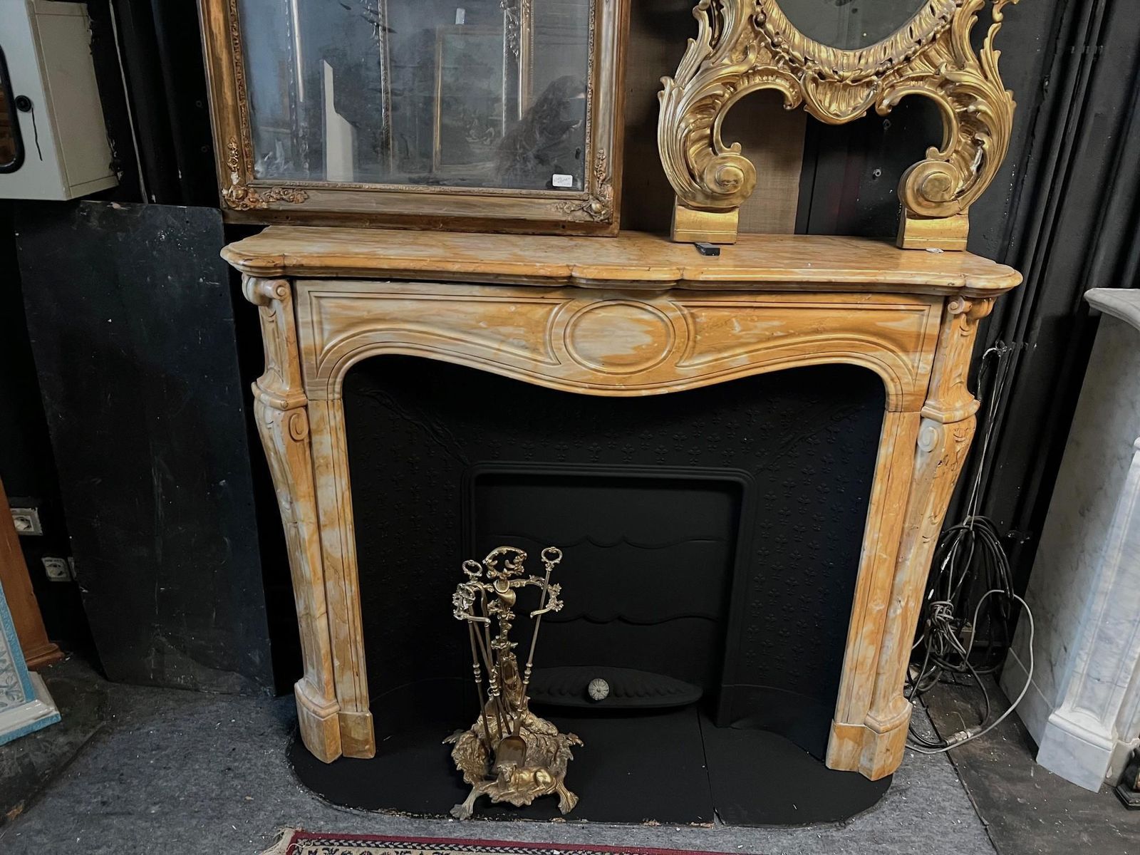 Yellow Marble Fireplace Frame Complete With Black Cast Iron Backsplash, Italy photo 4971.0