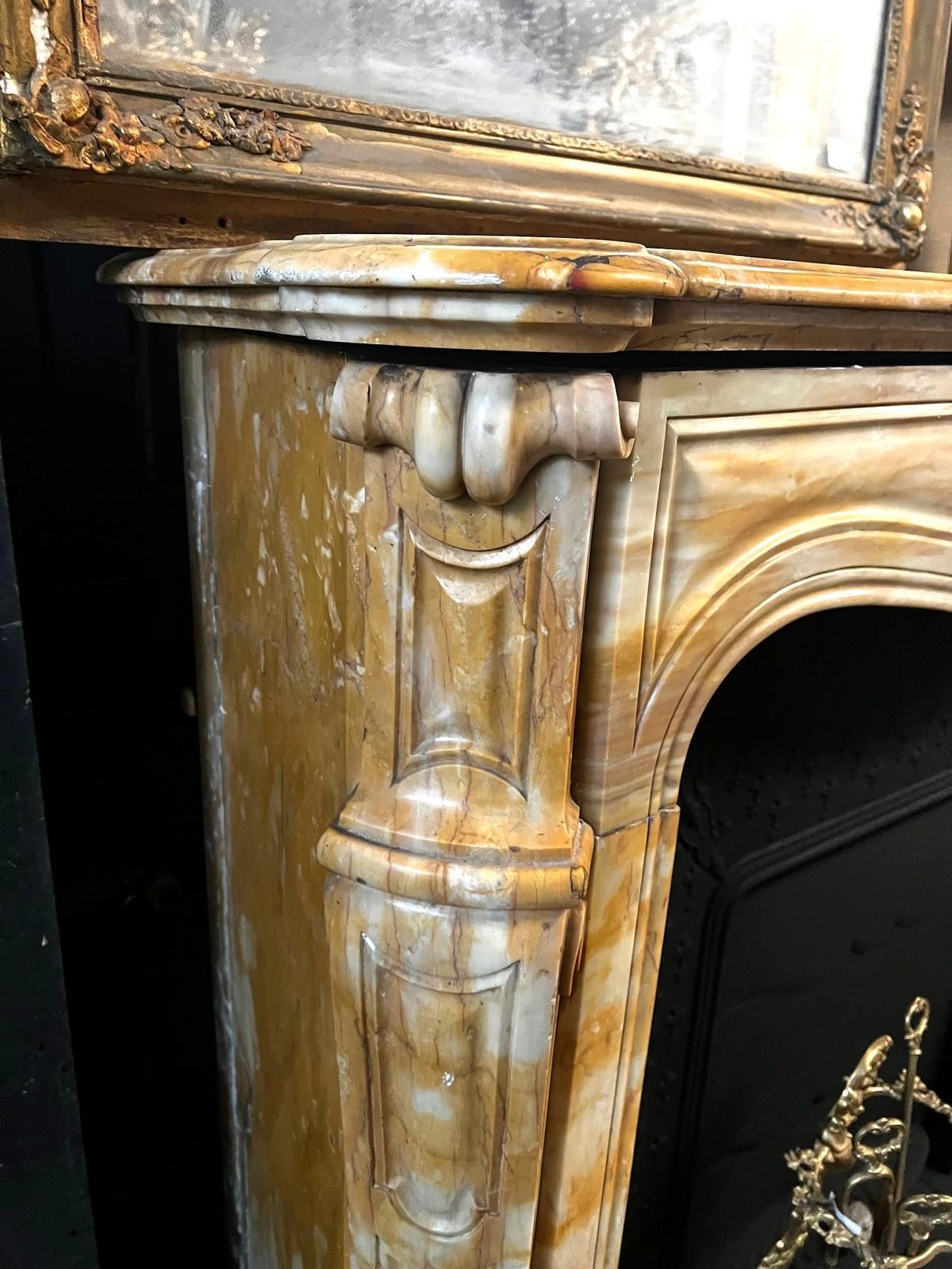 Yellow Marble Fireplace Frame Complete With Black Cast Iron Backsplash, Italy photo vintage
