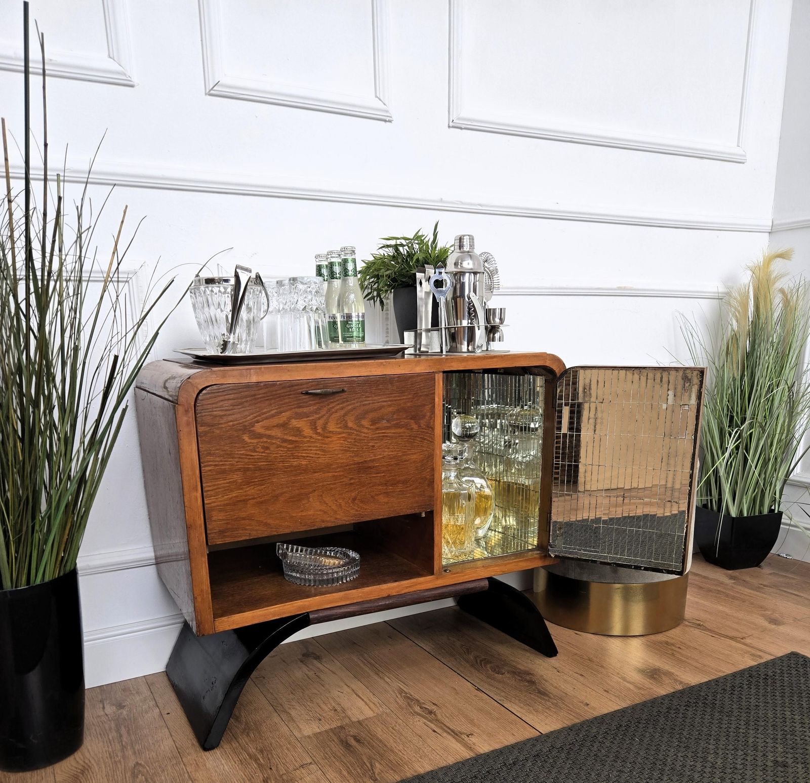 1950s Art Deco Mid Century Italian Walnut Burl And Mirror Mosaic Dry Bar Cabinet photo Furniture