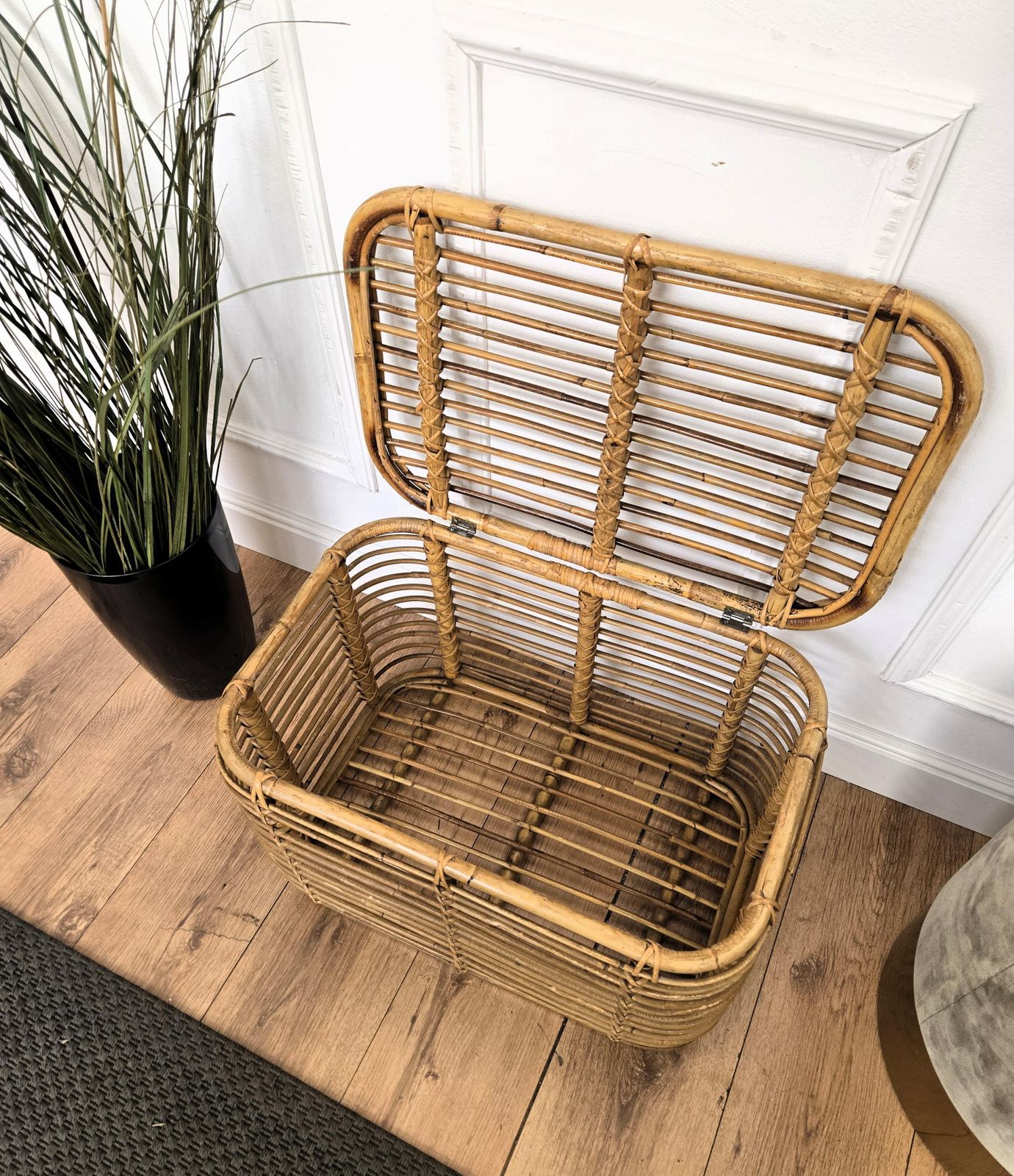 photo for sale 1960s Italian Designer Bamboo Rattan Bohemian French Riviera Basket Container