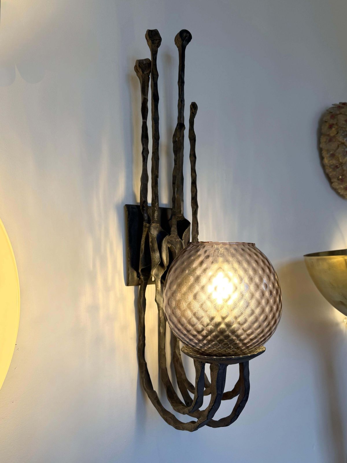 Lighting Pair Of Wrought Iron And Glass Sconces By Pozzebon. Italy, 1970s photo