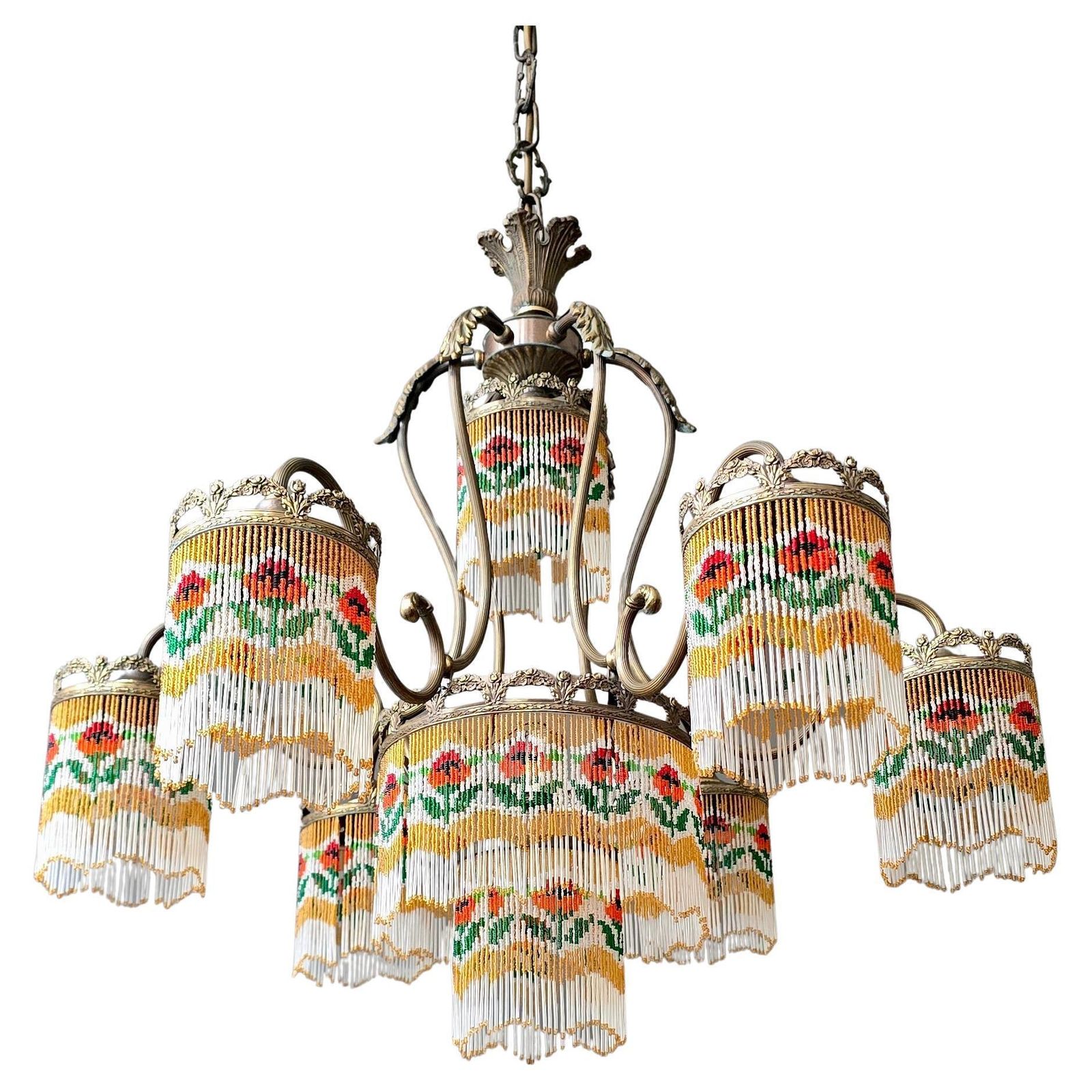 Beaded Glass Chandelier With Floral Motif