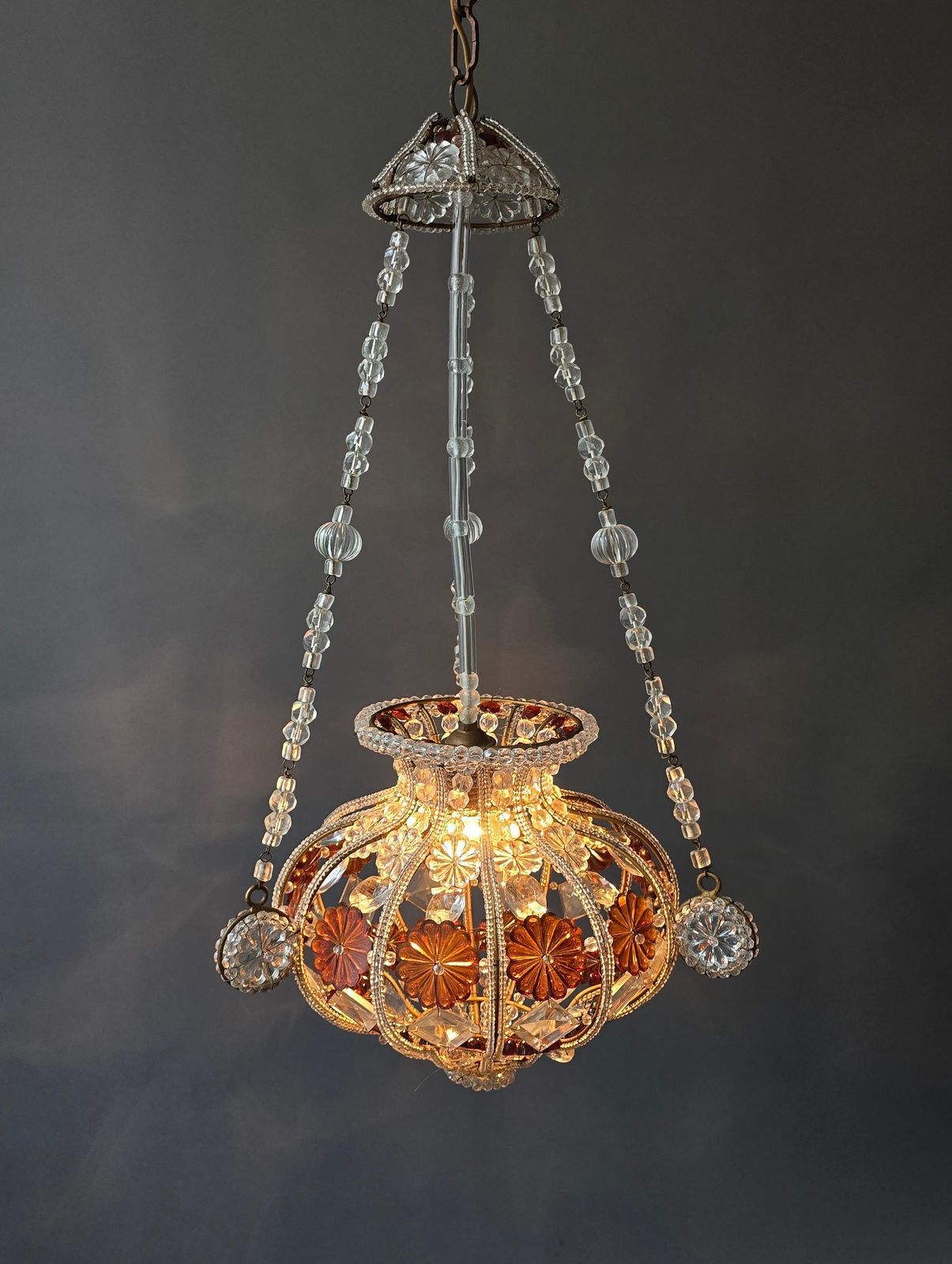 Antique Beaded Glass Chandelier With Amber Floral Elements, Europe, Circa 1920s photo 3453.0