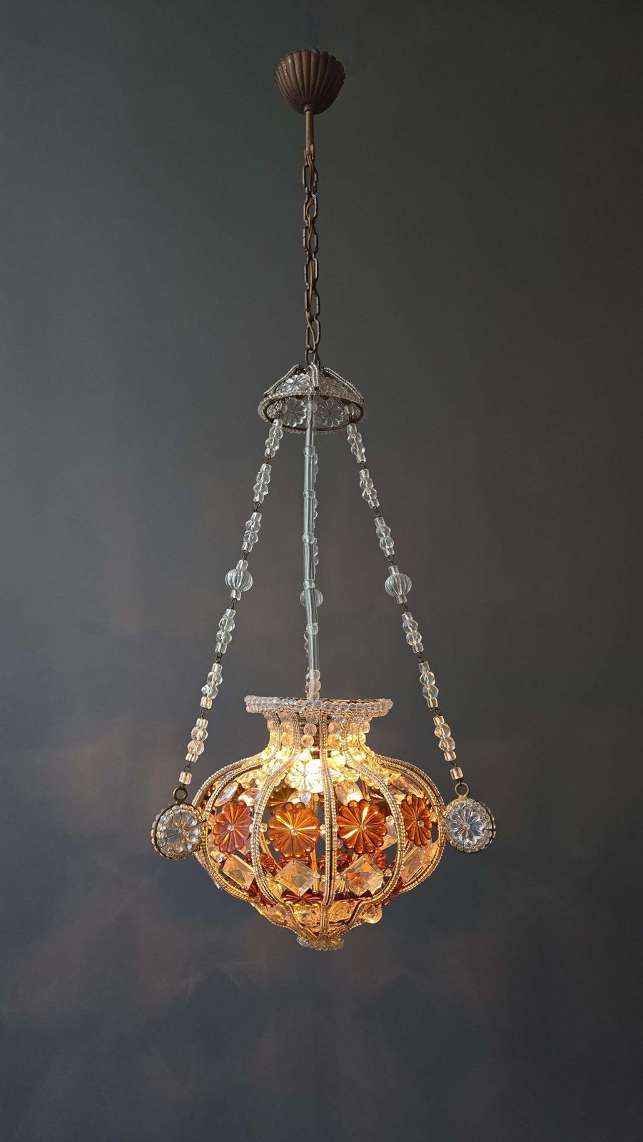 Antique Beaded Glass Chandelier With Amber Floral Elements, Europe, Circa 1920s photo buy