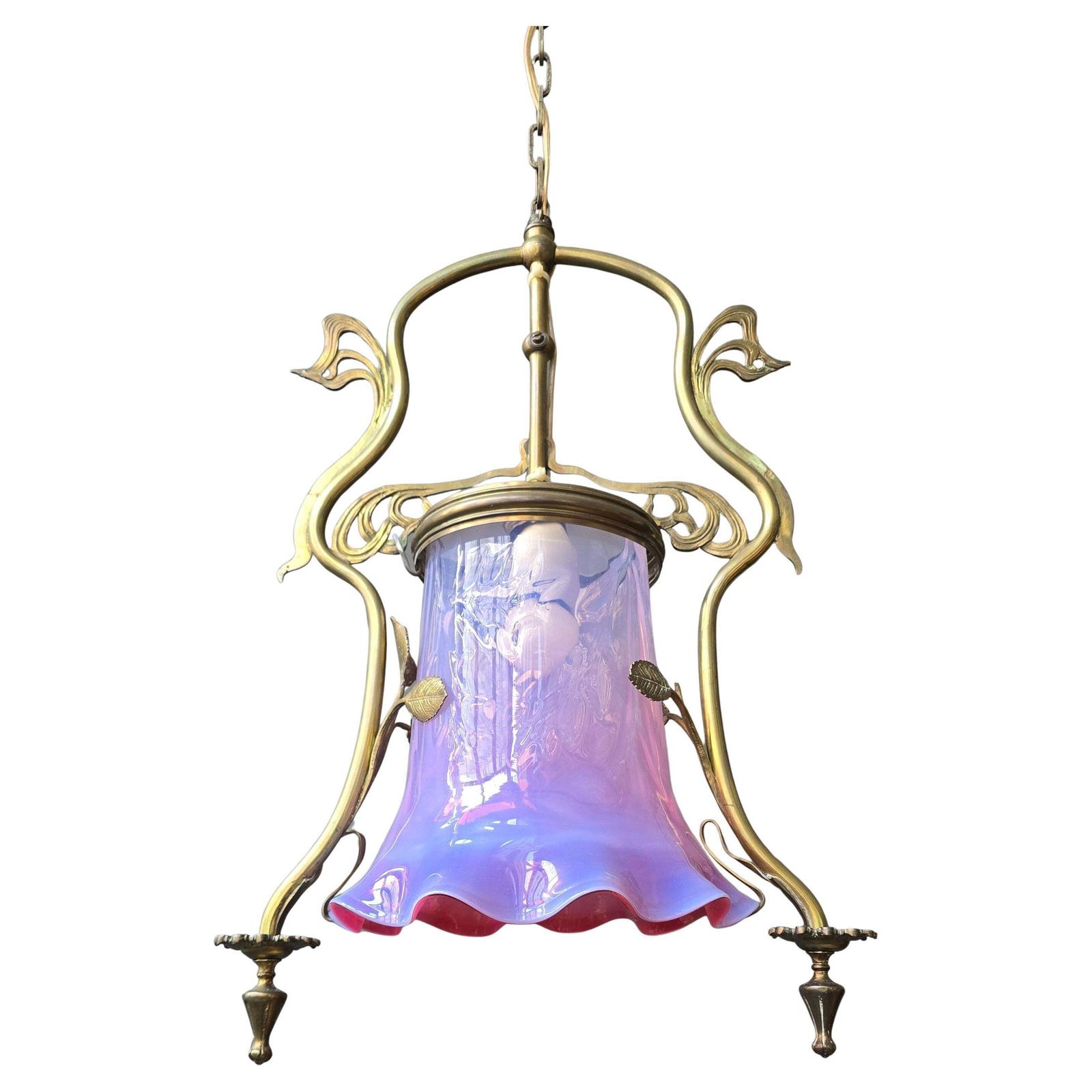 French Art Nouveau Brass Hanging Lantern With Opalescent Glass, Circa 1900 photo furniture