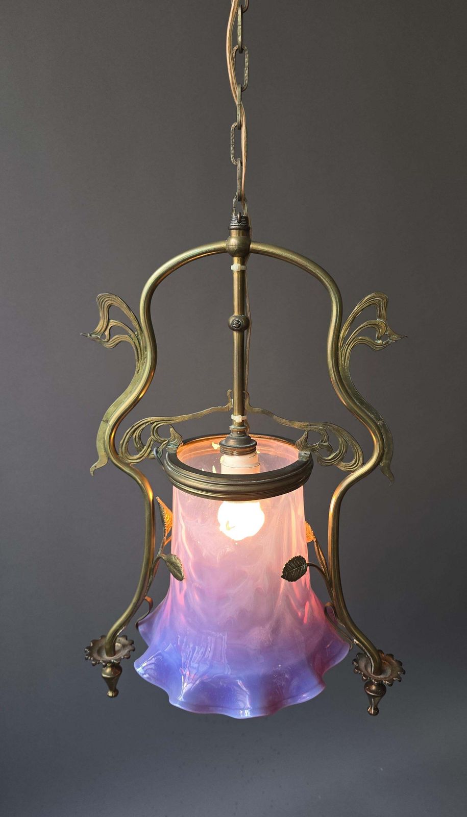 3025.0 French Art Nouveau Brass Hanging Lantern With Opalescent Glass, Circa 1900 photo