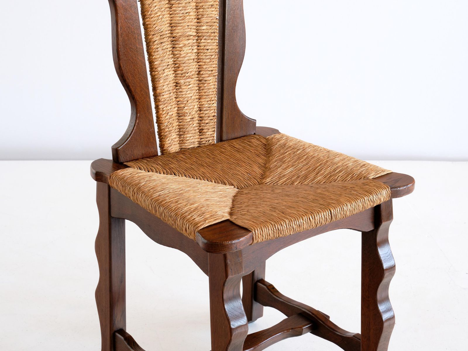 Set Of Six Victor Courtray Attributed Dining Chairs In Oak And Rush, 1950s photo vinterior