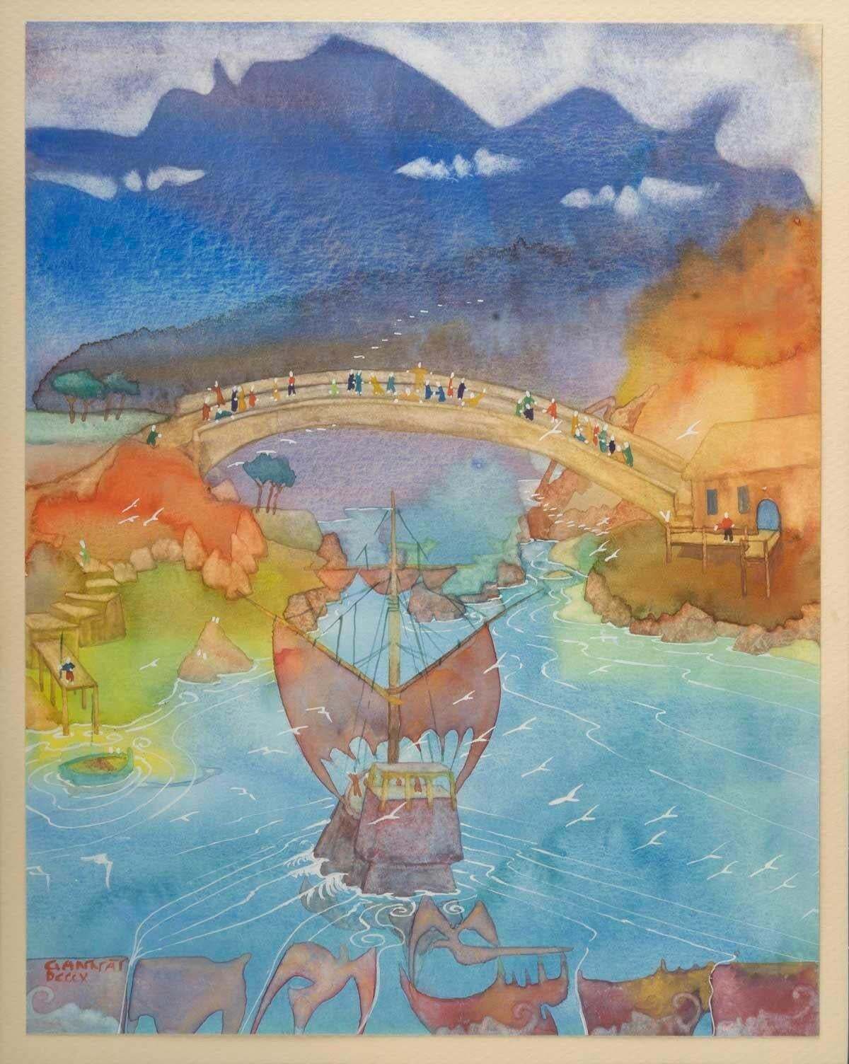 Framed Watercolour Coaster Representing A View Of Asia By Patrick Gannat. photo furniture