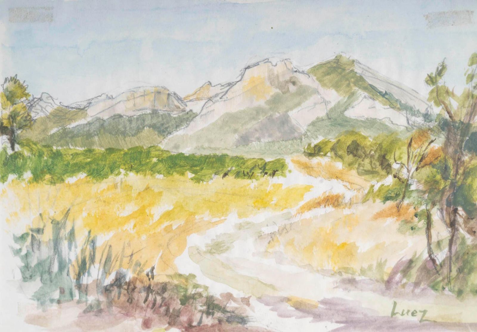 Watercolour On Paper By Evelyne Luez, Framed Under Glass. photo furniture