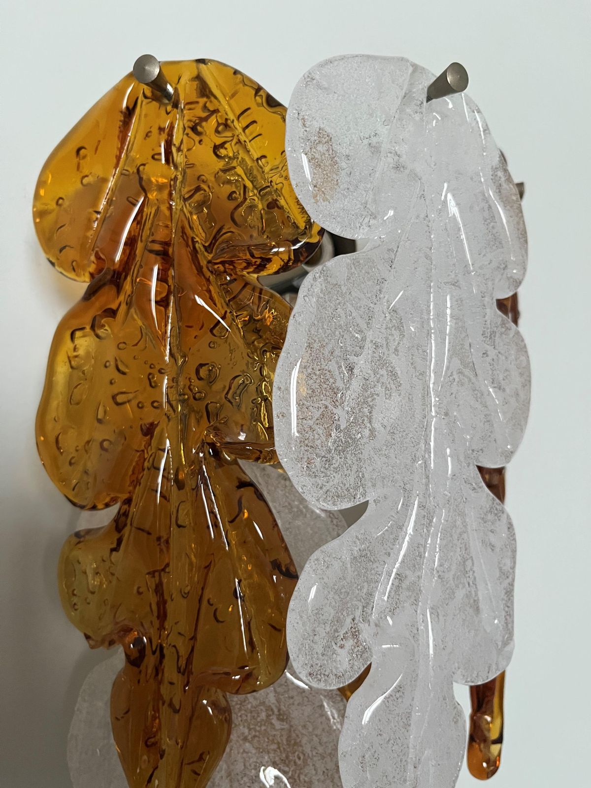 photo for sale Italian Midcentury Pair Of Amberclear Murano Leaf Wall Sconces By Mazzega, 1970s