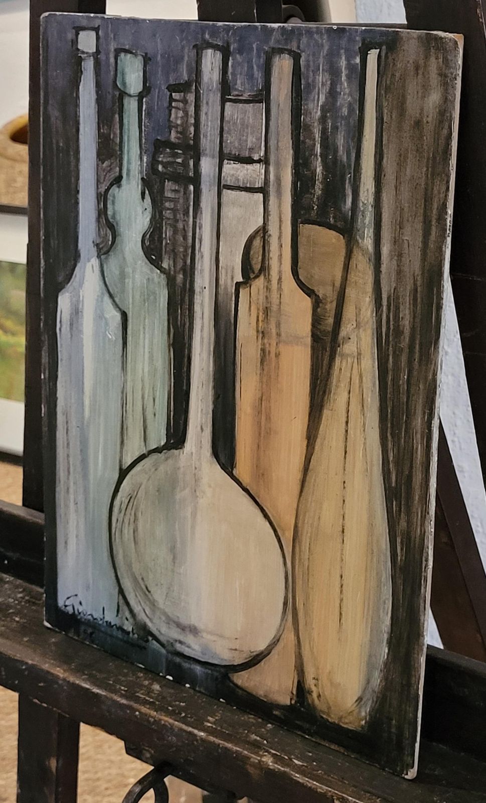 Still Life Of Bottles, Oil On Board, Late 20th Century, Signed, 1996 By Giordanino photo vintage