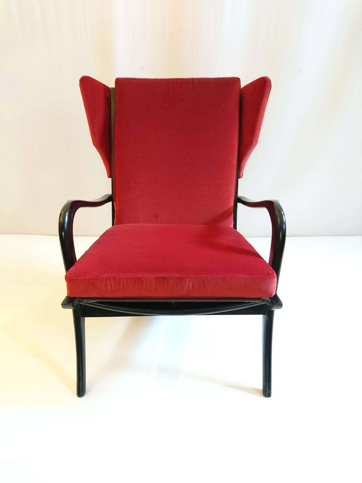 Midcentury Wingback Armchair In Red Velvet And Blackened Wood photo for sale