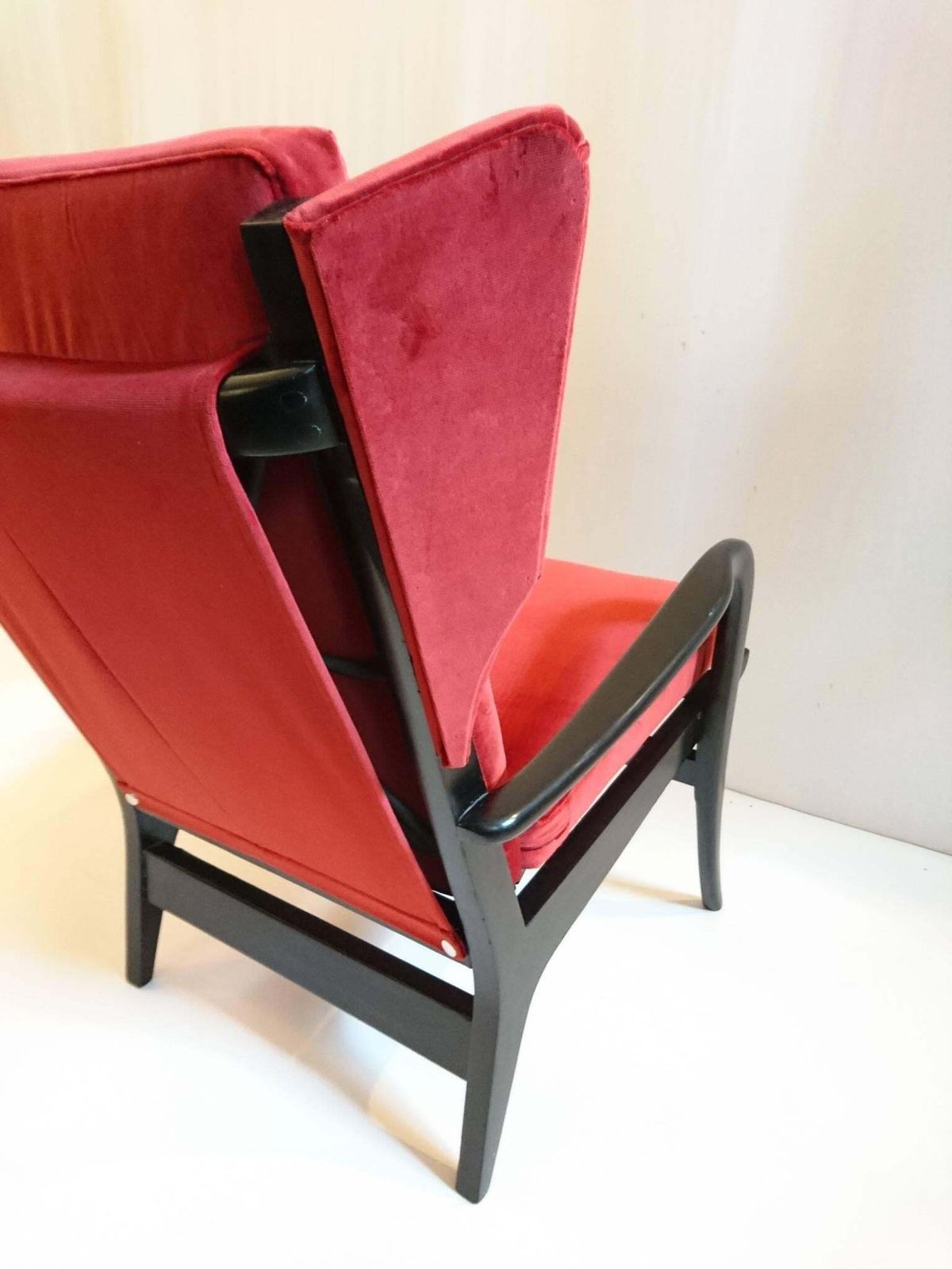 Midcentury Wingback Armchair In Red Velvet And Blackened Wood photo Furniture