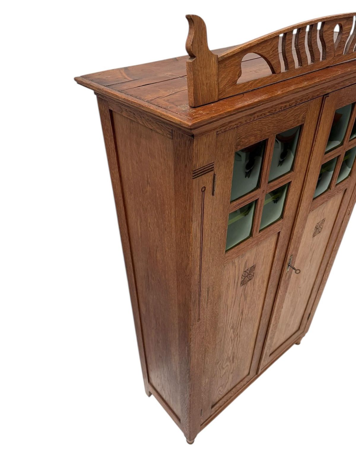 Arts & Crafts Art Nouveau Bookcase With Original Green Glass, 1900s photo vintage