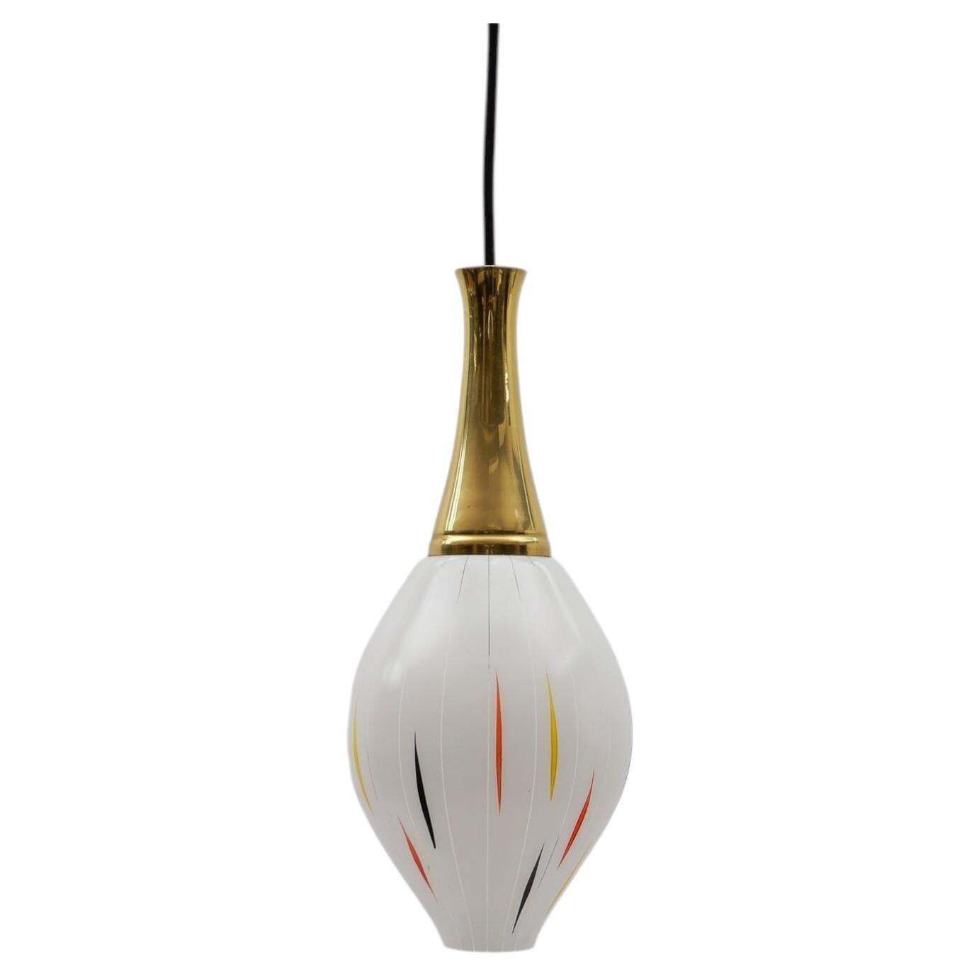 Lovely 50s Mouth Blown Glass Hanging Lamp With Brass, Germany Mid Century Modern