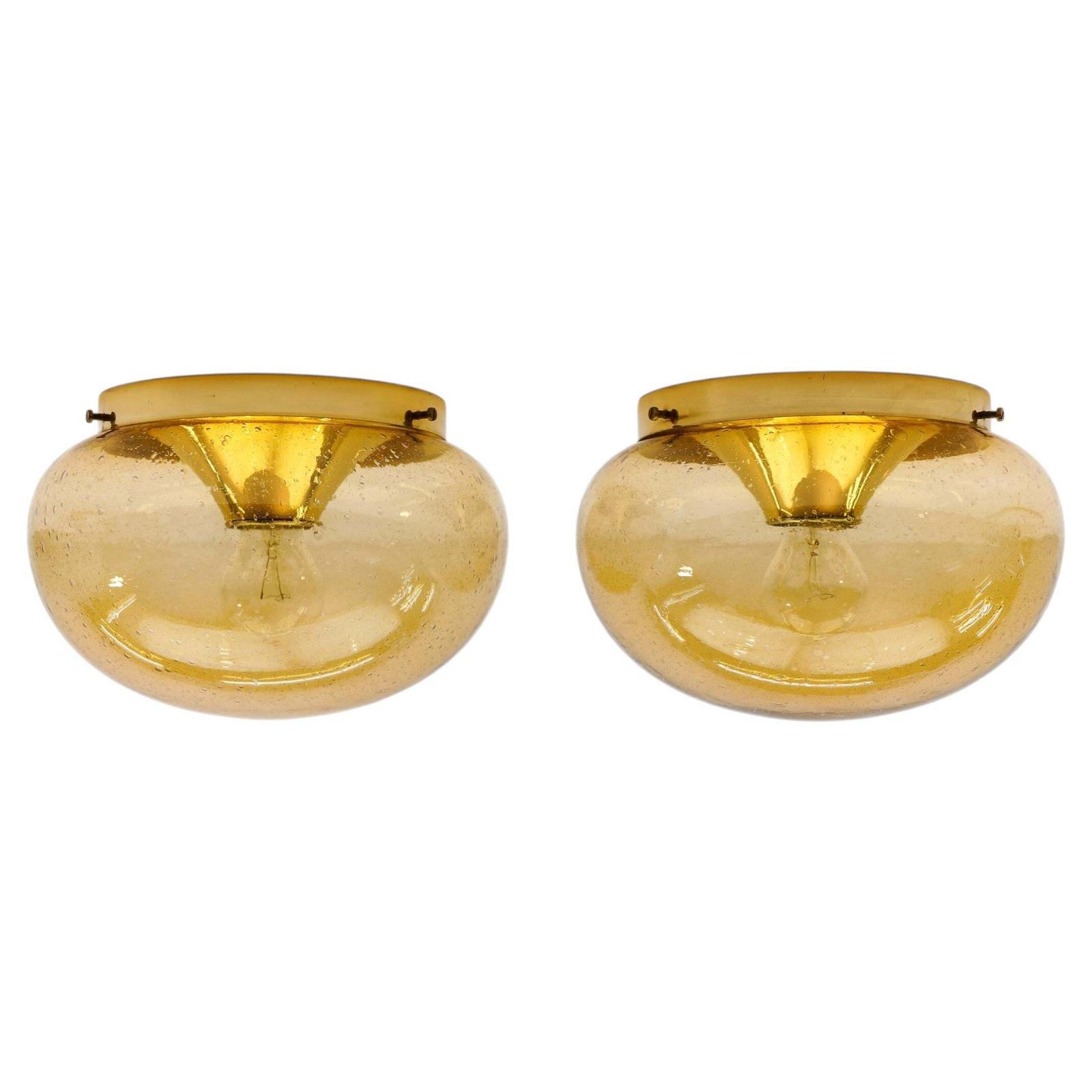 Pair Of Amber Gold With Air Bubble Inclus Wall Lamps / Flush Mount Lights, 1960s