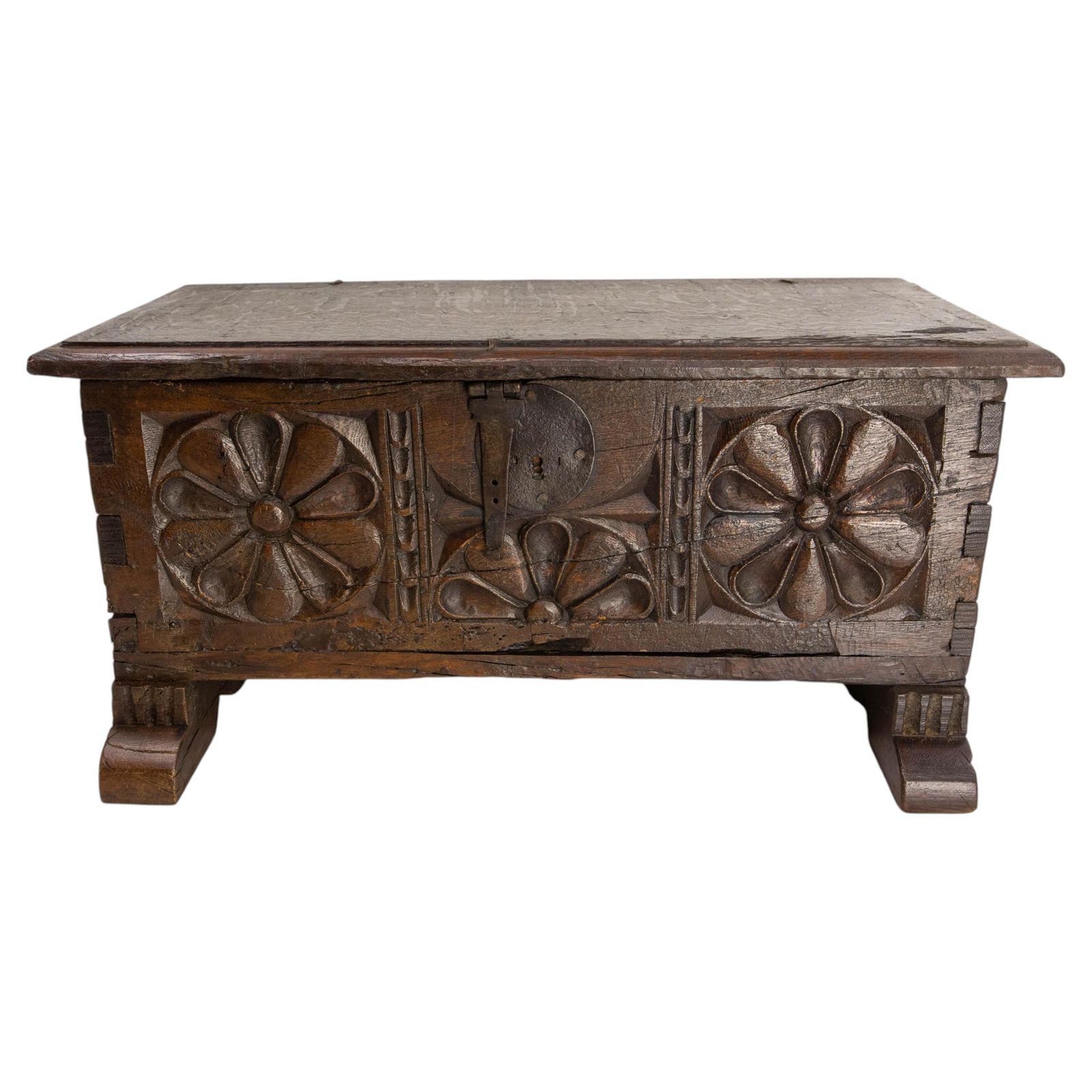 1900 Little Rustic Chest Or Coffer Gothic Carved Oak & Wrought Iron, French photo furniture