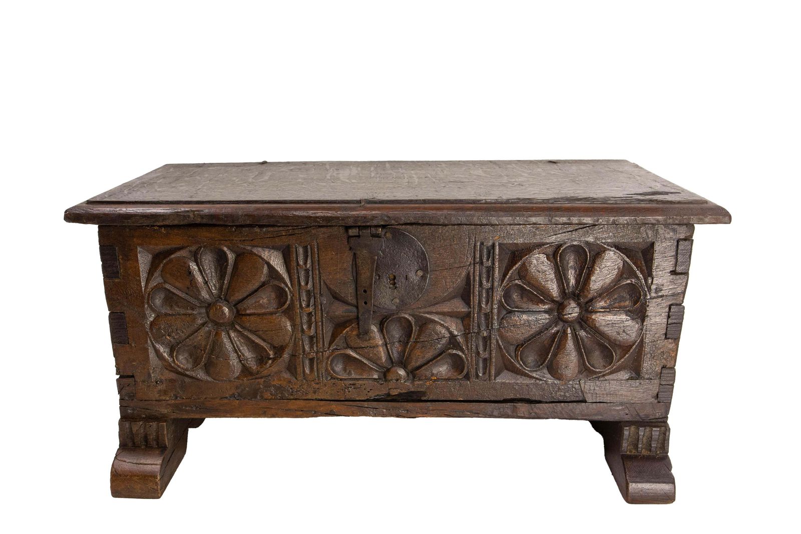 1900 Little Rustic Chest Or Coffer Gothic Carved Oak & Wrought Iron, French photo for sale