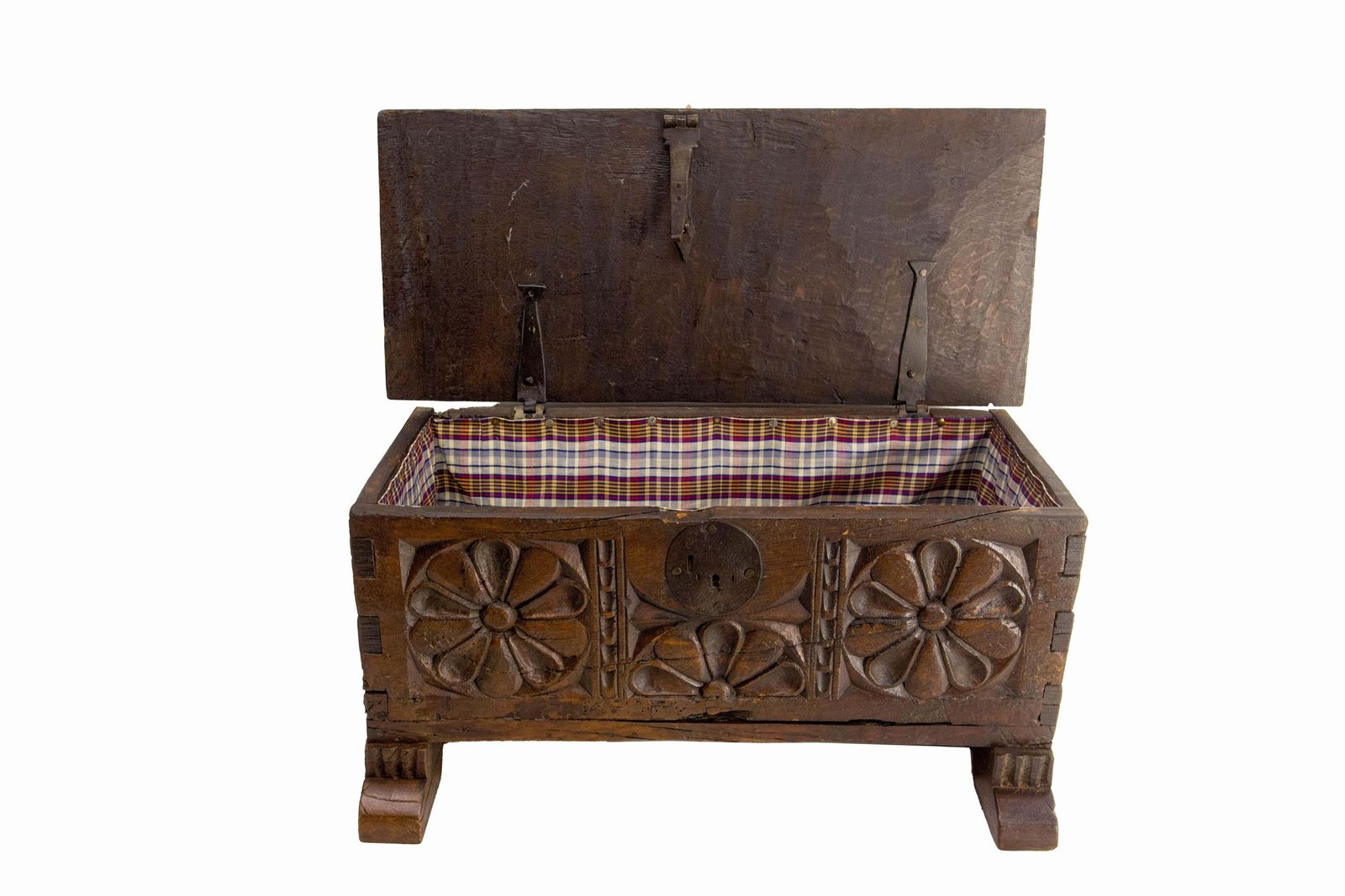 photo for sale 1900 Little Rustic Chest Or Coffer Gothic Carved Oak & Wrought Iron, French