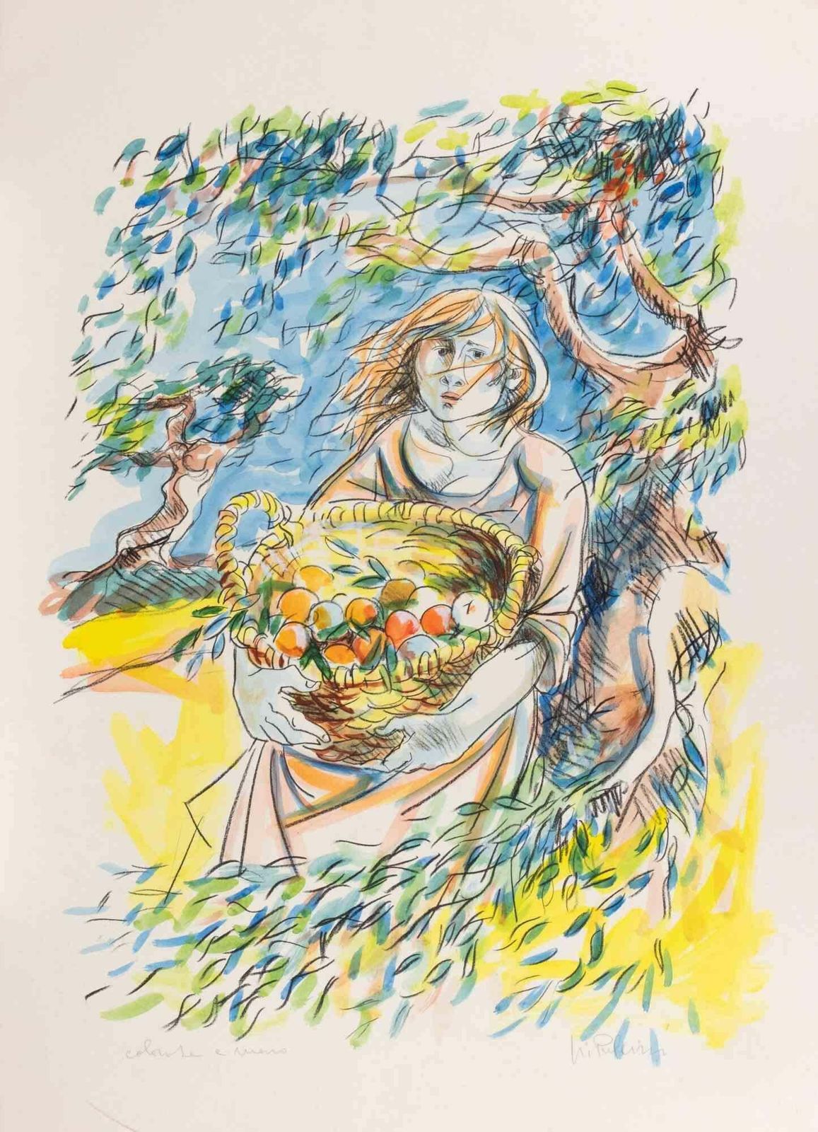 Giuliano Pulciniwoman With A Basket Of Fruit   Lithograph By Giuliano Pulcini   1970s1970s