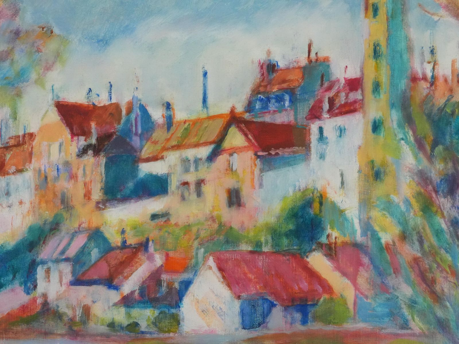 Masaaki Kuwaharavillage Near The Bridge   Original Oil On Canvas, Signedc. 1965 photo vinterior