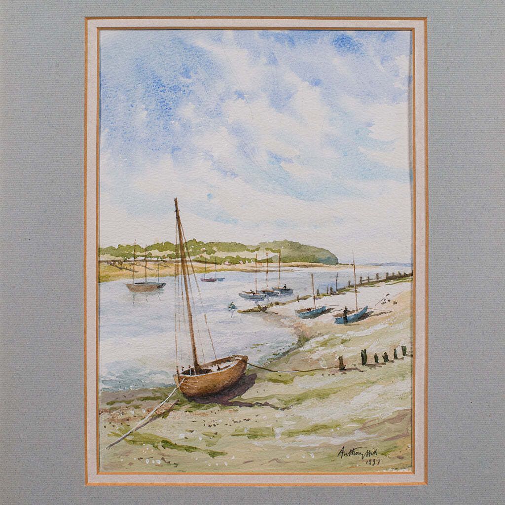 Vintage Beach Landscape Painting, English School Watercolour, Nautical Art, 1991 photo Art