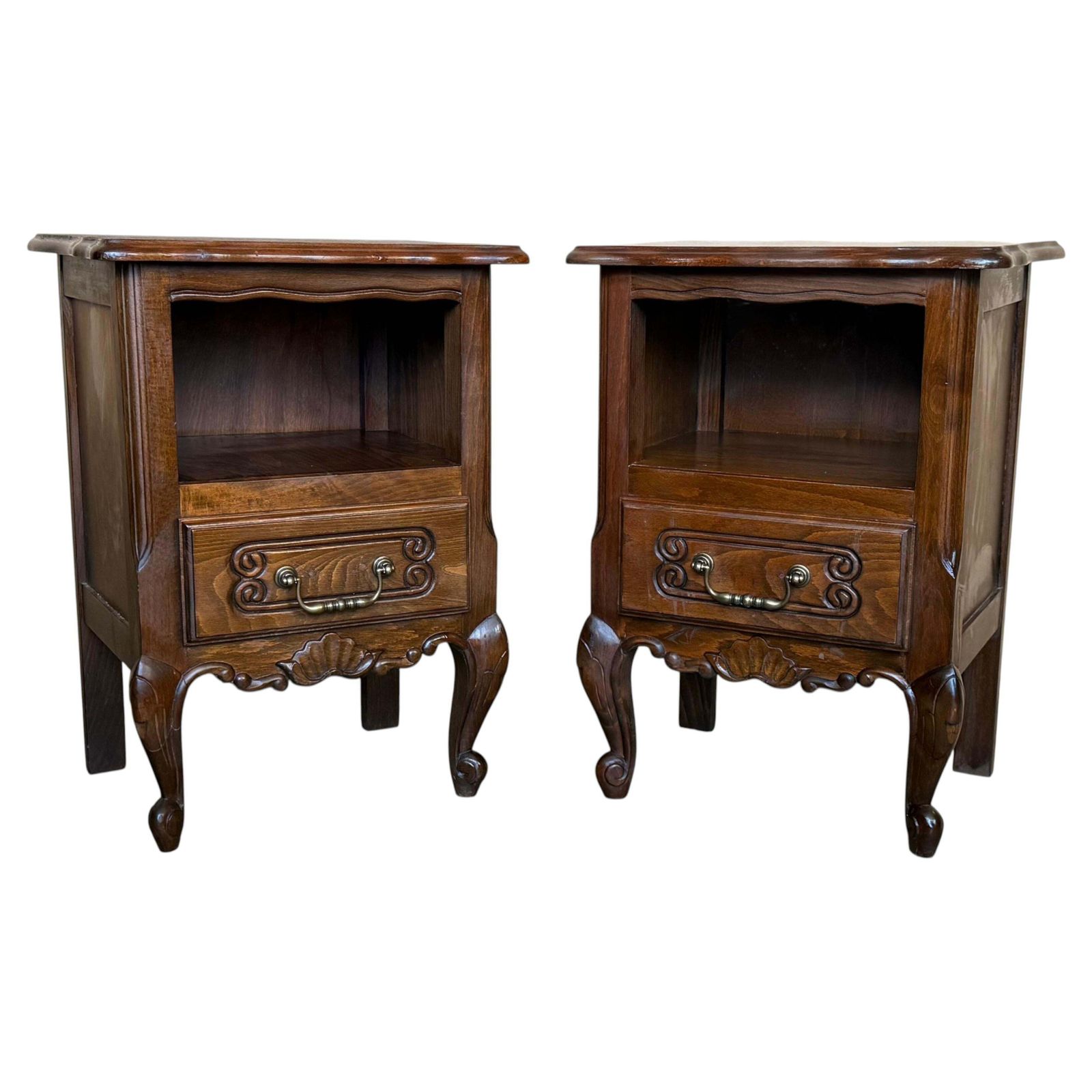 20th Century Pair Of Solid Carved French Nightstands With Low Drawer