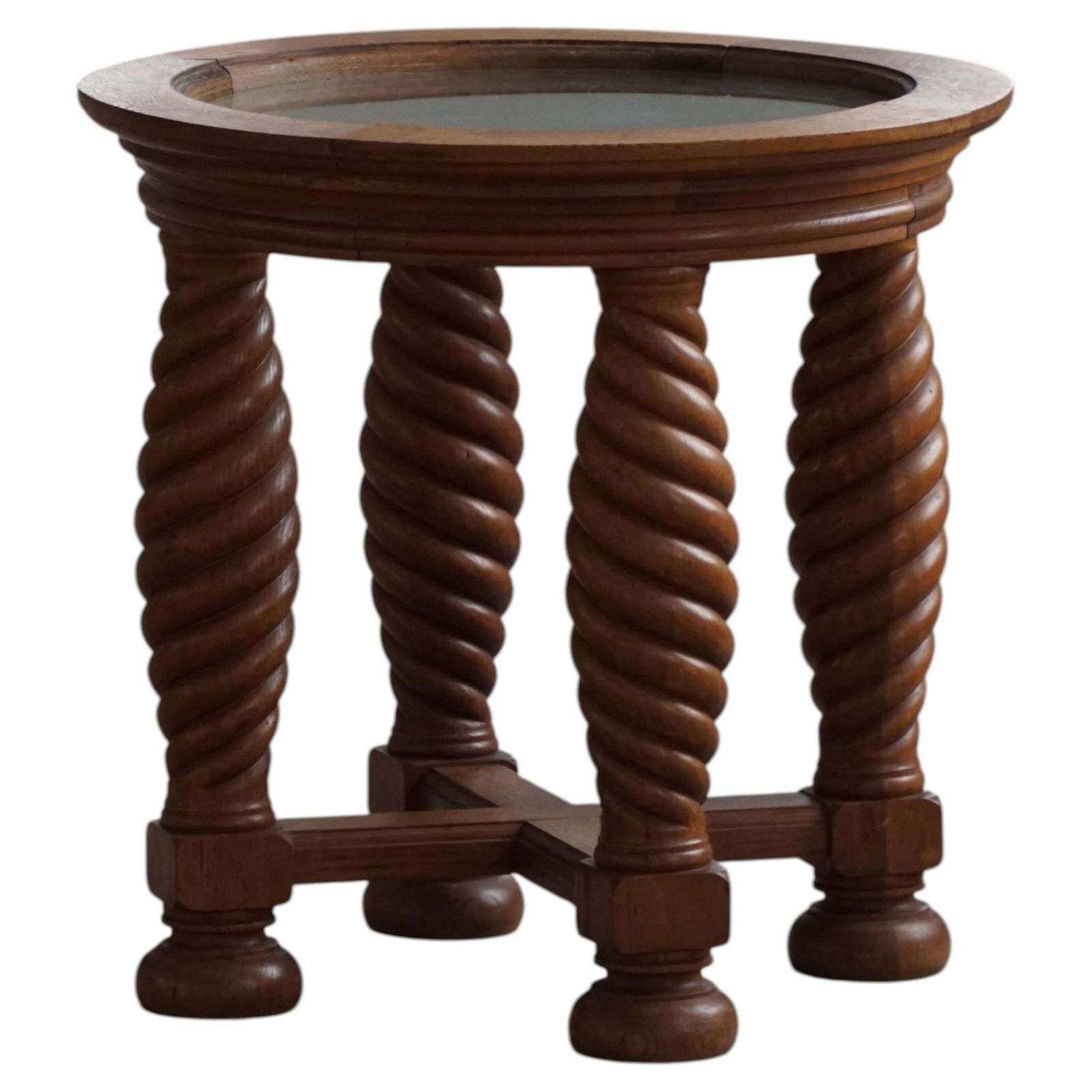 Danish Mid Century Modern, Oak Table With Spiral Turned Legs & Glass Top, 1950s