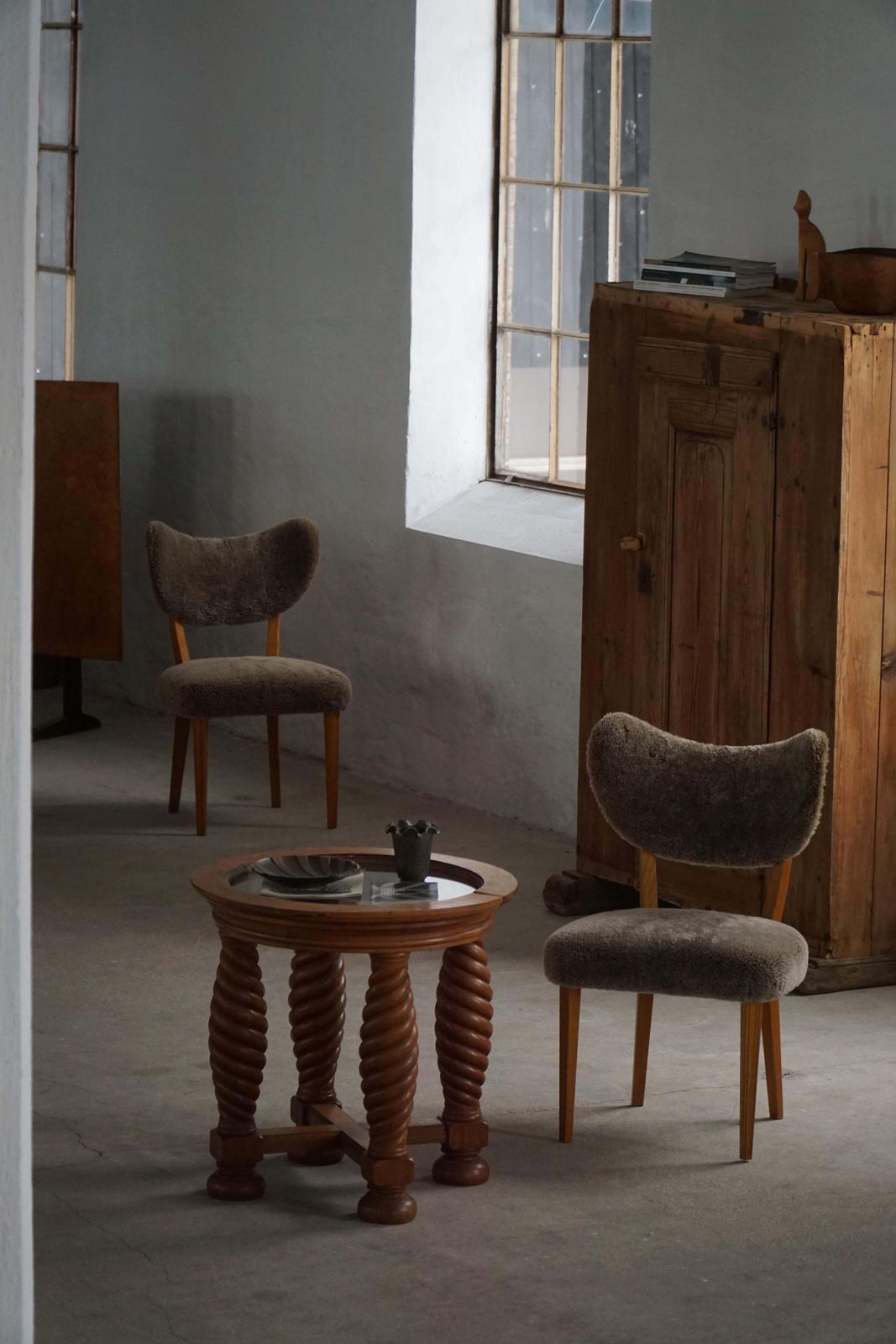 Danish Mid Century Modern, Oak Table With Spiral Turned Legs & Glass Top, 1950s photo for sale