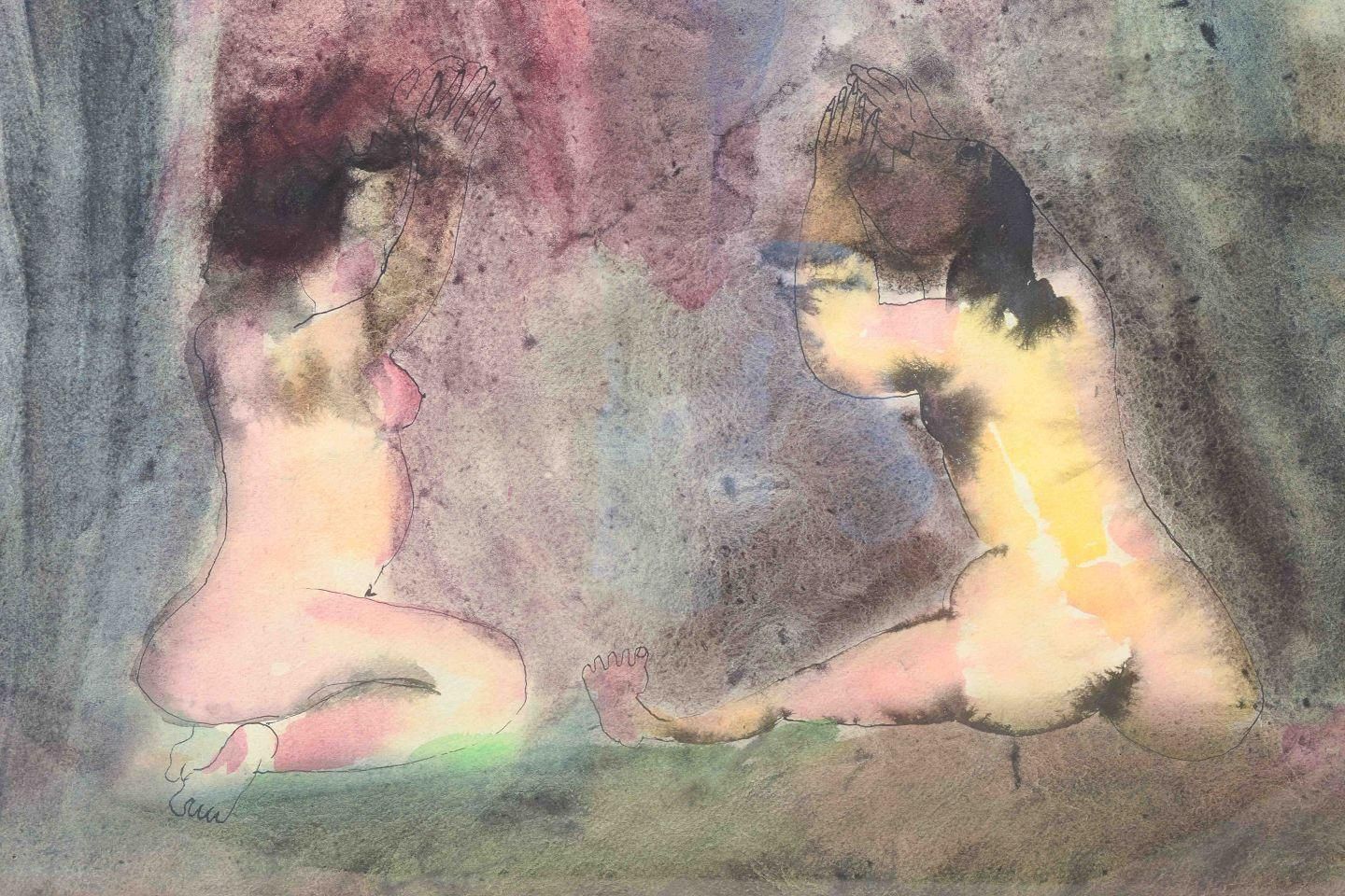 Swedish Artist. Mixed Media On Paper. Title: “Begråtande”, 1969. photo for sale