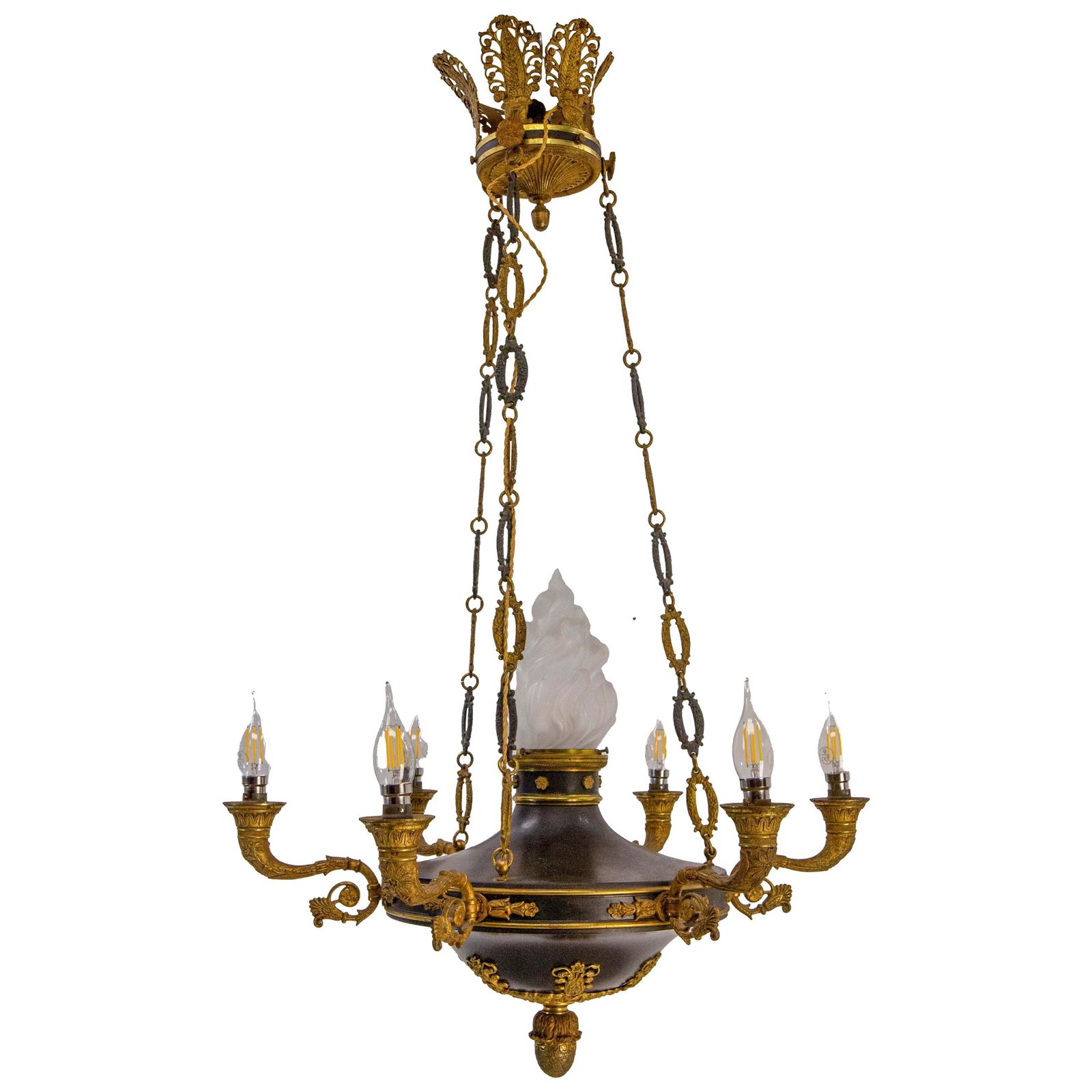 French Chandelier Ceiling Pendant Lustre Bronze & Glass Empire Style Circa 1890