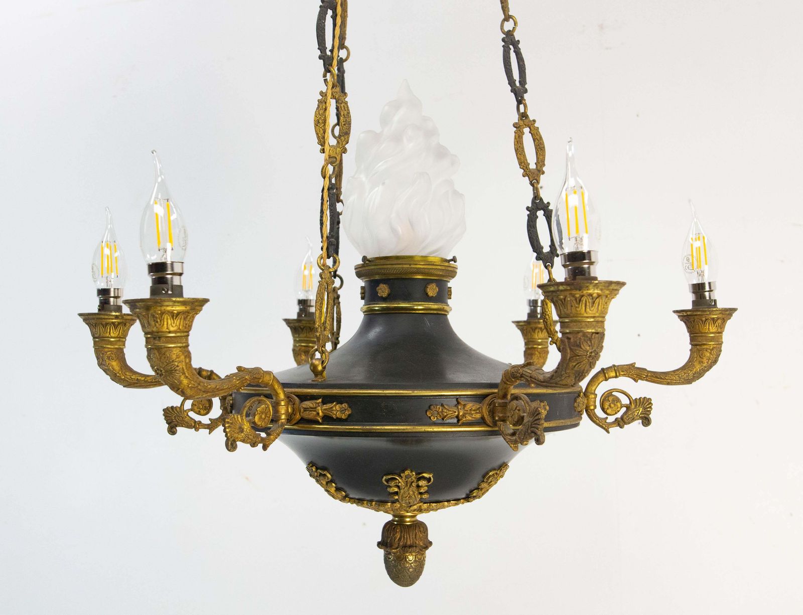 French Chandelier Ceiling Pendant Lustre Bronze & Glass Empire Style Circa 1890 photo furniture