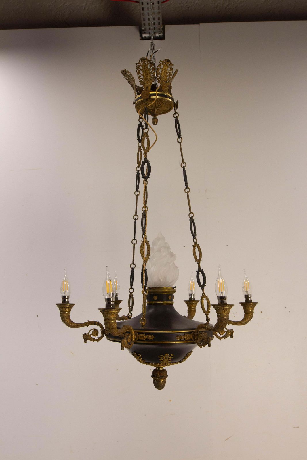 French Chandelier Ceiling Pendant Lustre Bronze & Glass Empire Style Circa 1890 photo 2169.0