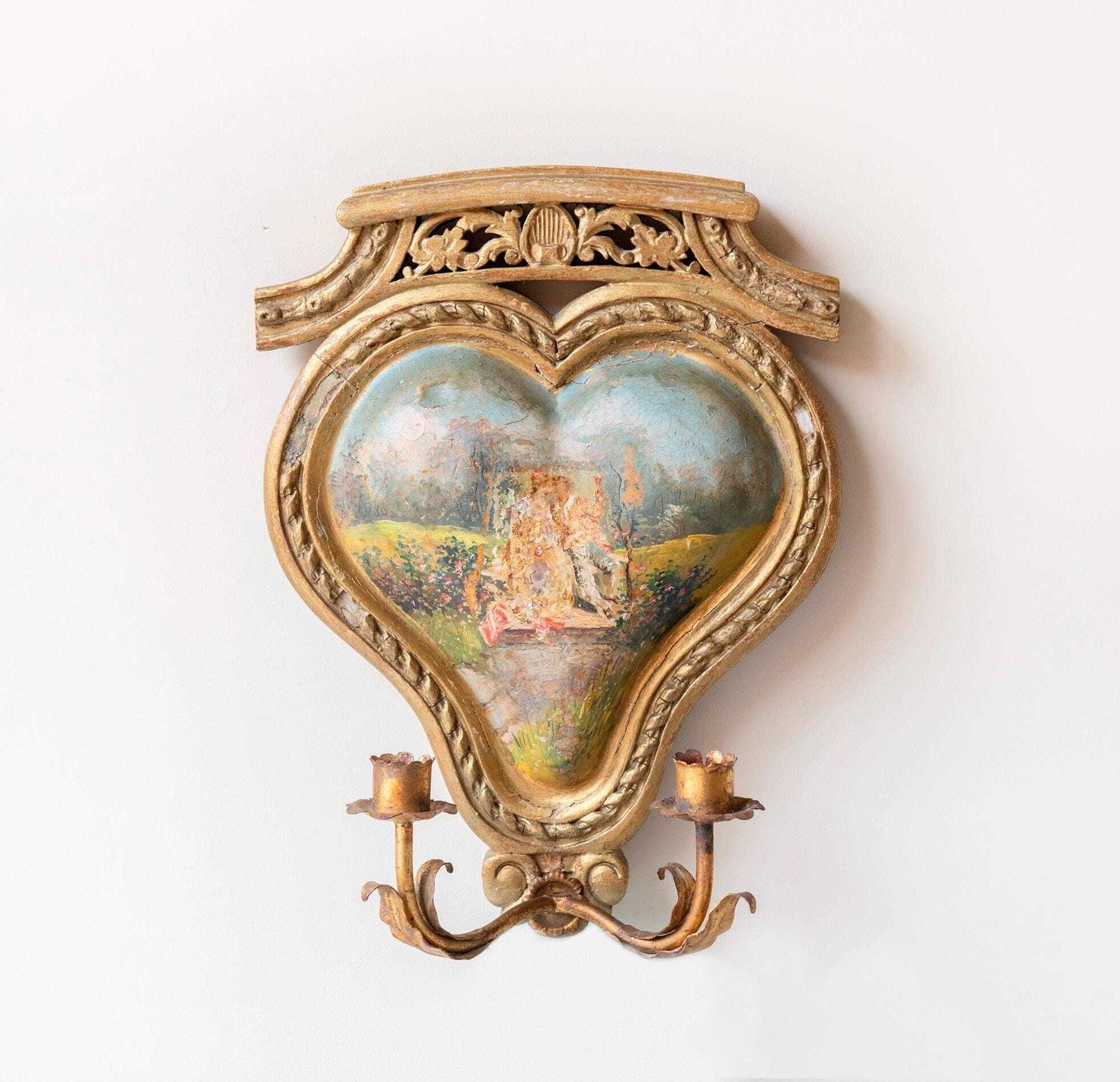 Antique French Giltwood Wall Sconce, 19th Century — Hand Painted Heart Panel, Rare Romantic Candle Holder photo furniture