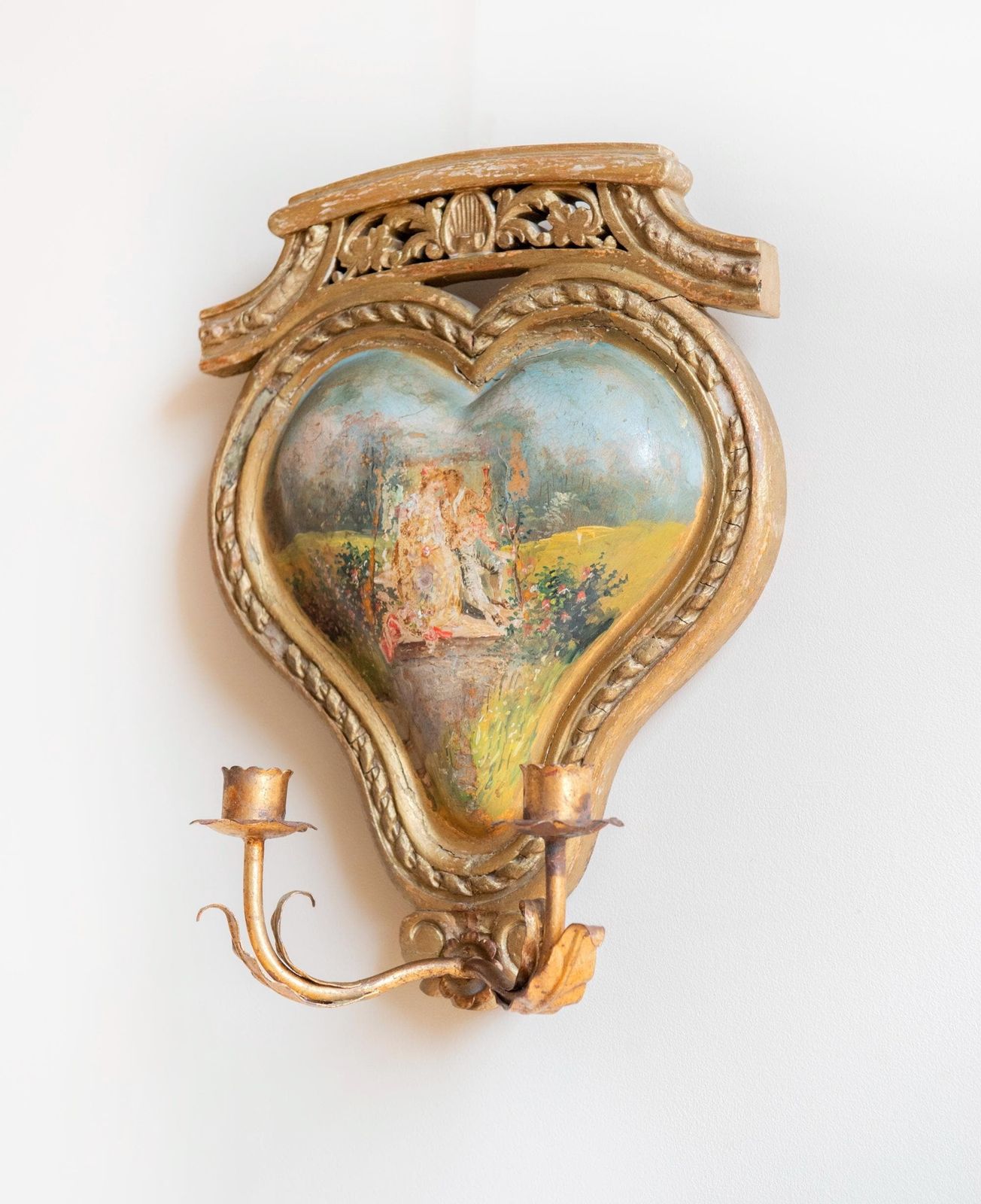 Antique French Giltwood Wall Sconce, 19th Century — Hand Painted Heart Panel, Rare Romantic Candle Holder photo for sale
