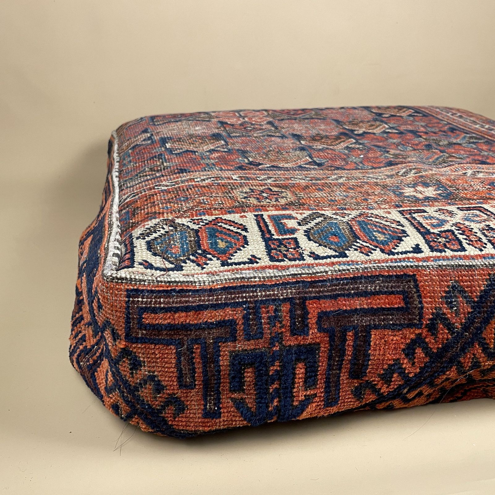Vintage Carpet Floor Cushion Wool Rug Leather Backed Turkish Handwoven Pouffe Sofa Seat Handmade Red Geometric Decorative Accent photo furniture