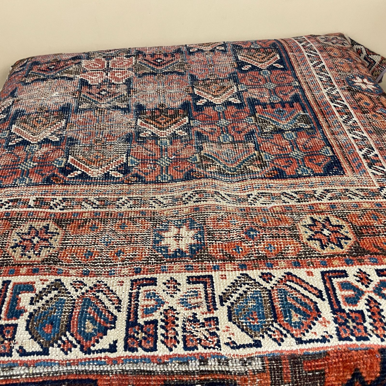 Vintage Carpet Floor Cushion Wool Rug Leather Backed Turkish Handwoven Pouffe Sofa Seat Handmade Red Geometric Decorative Accent photo for sale