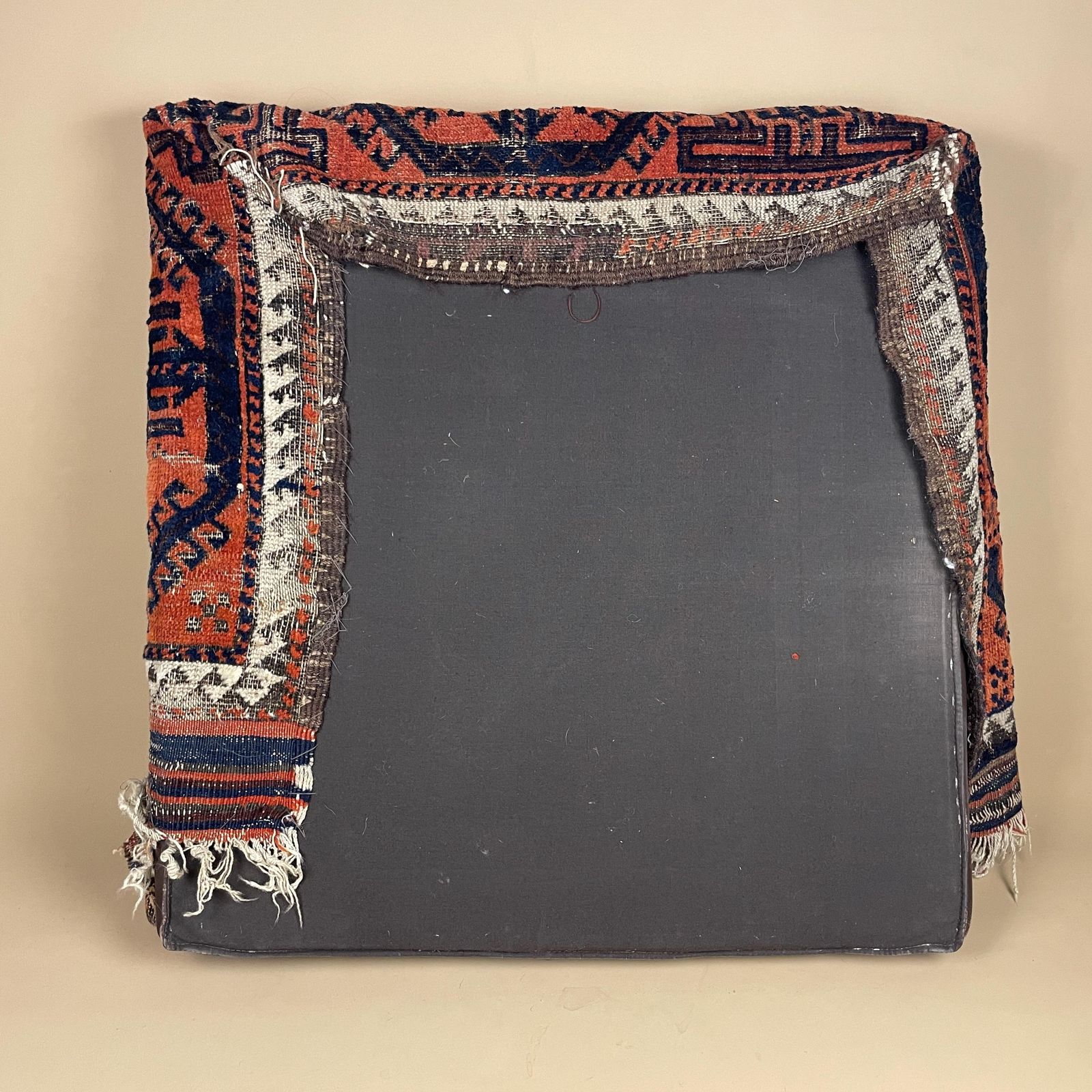 Vintage Carpet Floor Cushion Wool Rug Leather Backed Turkish Handwoven Pouffe Sofa Seat Handmade Red Geometric Decorative Accent photo vintage