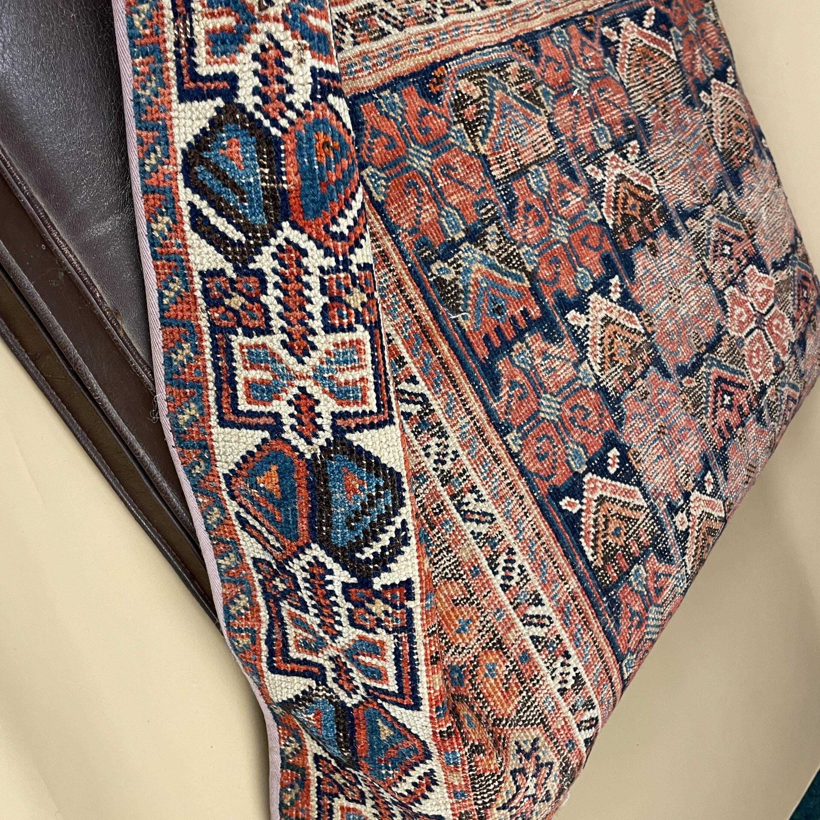 Textiles Vintage Carpet Floor Cushion Wool Rug Leather Backed Turkish Handwoven Pouffe Sofa Seat Handmade Red Geometric Decorative Accent photo