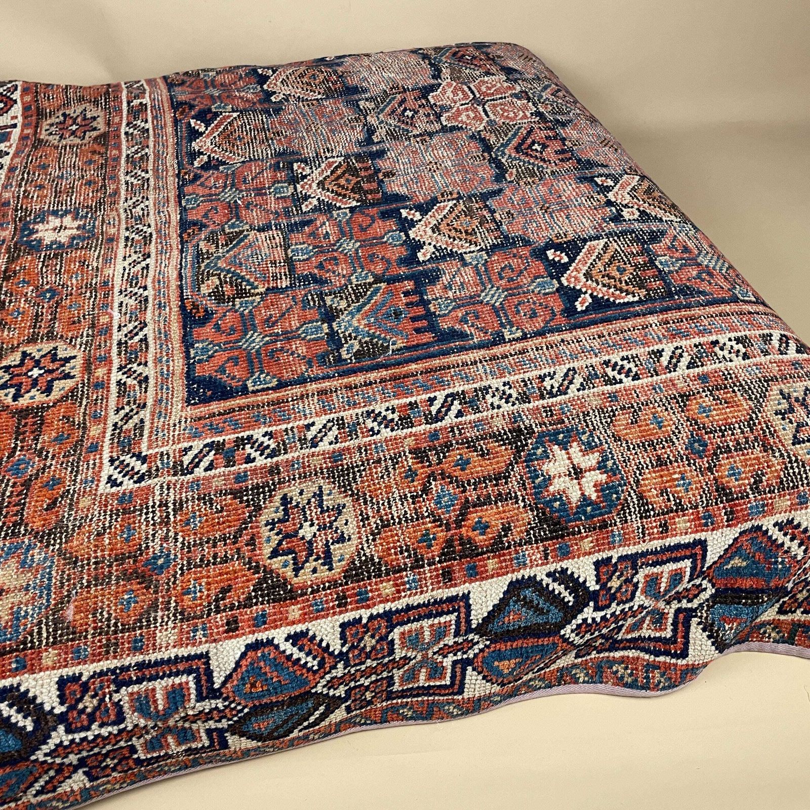 195.0 Vintage Carpet Floor Cushion Wool Rug Leather Backed Turkish Handwoven Pouffe Sofa Seat Handmade Red Geometric Decorative Accent photo