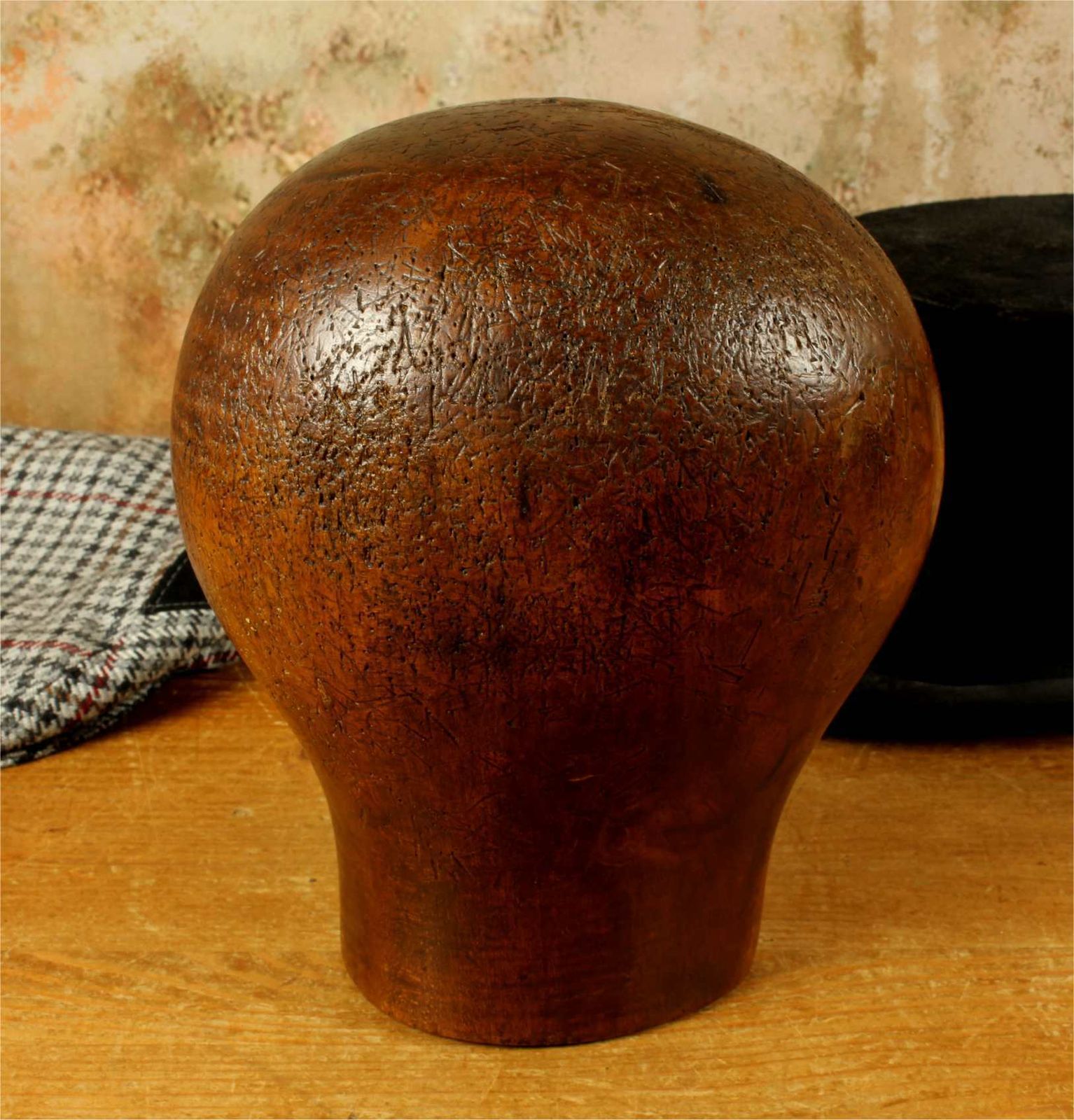 Antique Dark Wood Hat Block. French Milliner's 54 Head Wig Display. photo for sale