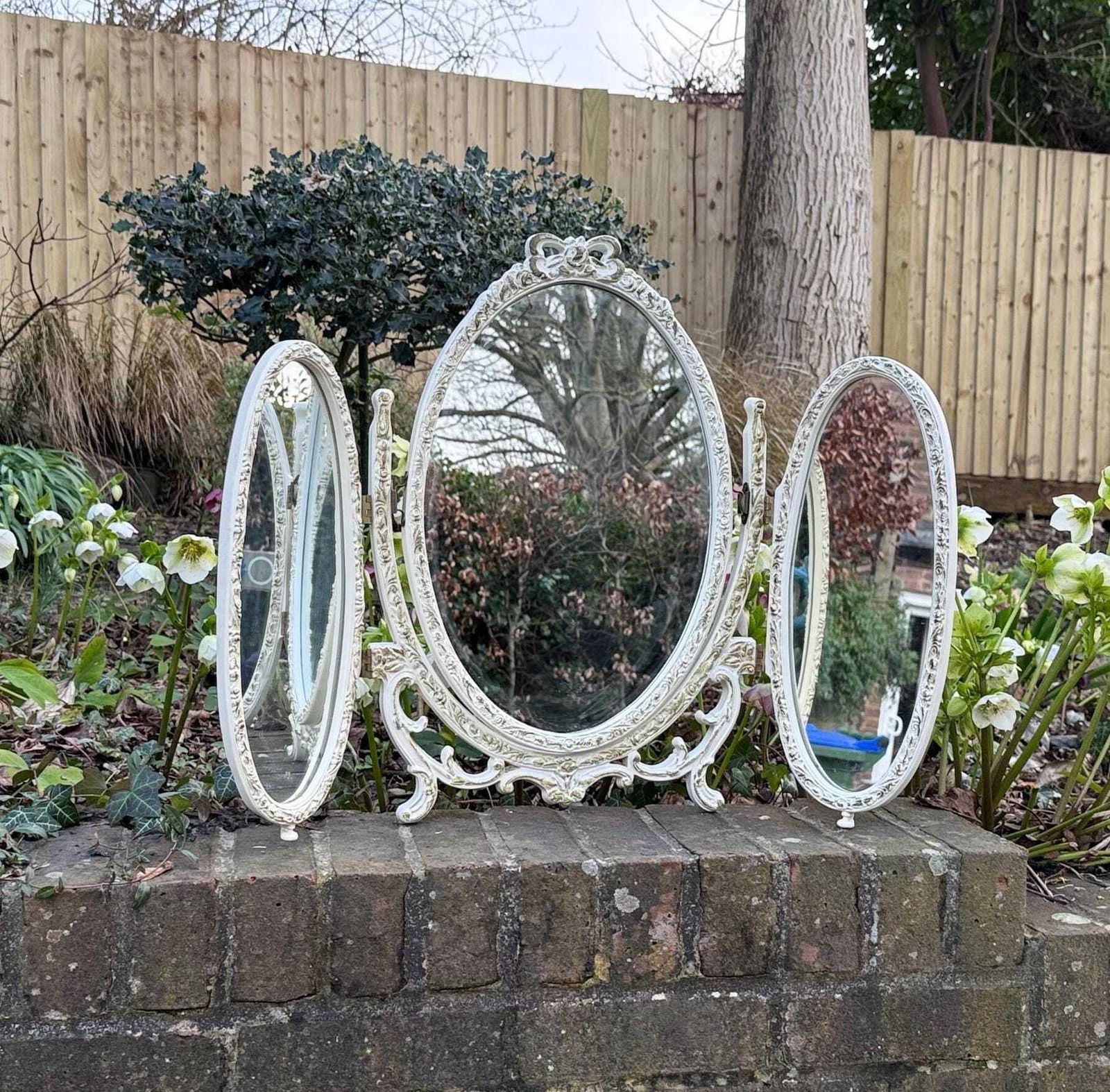 Vintage 1970s Authentic French Style Triple Vanity Mirror, Ornate Shabby Chic Dressing Table