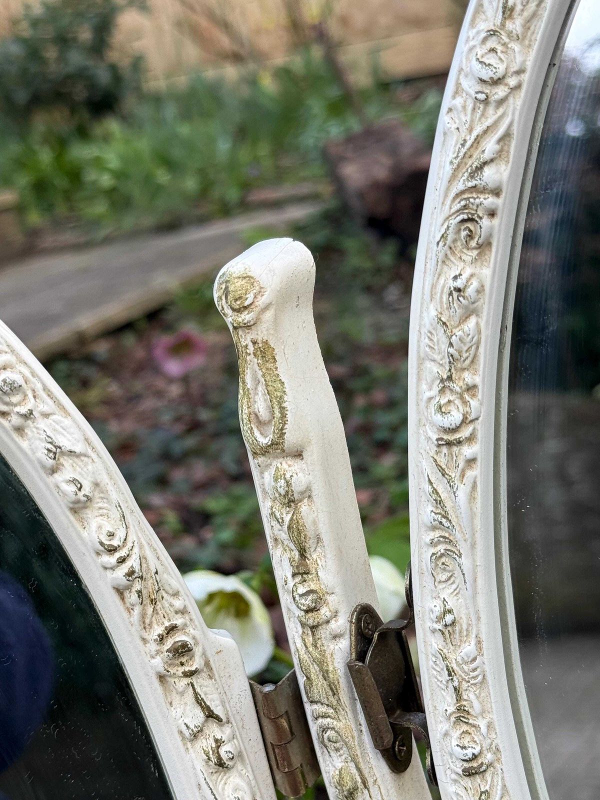 photo furniture Vintage 1970s Authentic French Style Triple Vanity Mirror, Ornate Shabby Chic Dressing Table
