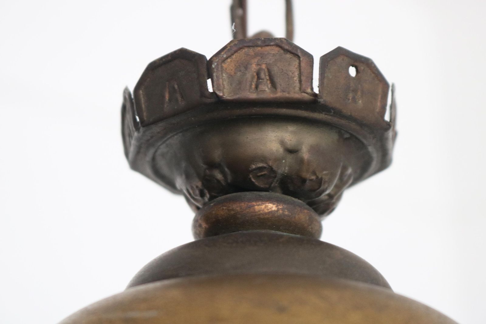 photo for sale Antique French Teardrop Pendant Light – Brass & Etched Frosted Glass Hall Lantern