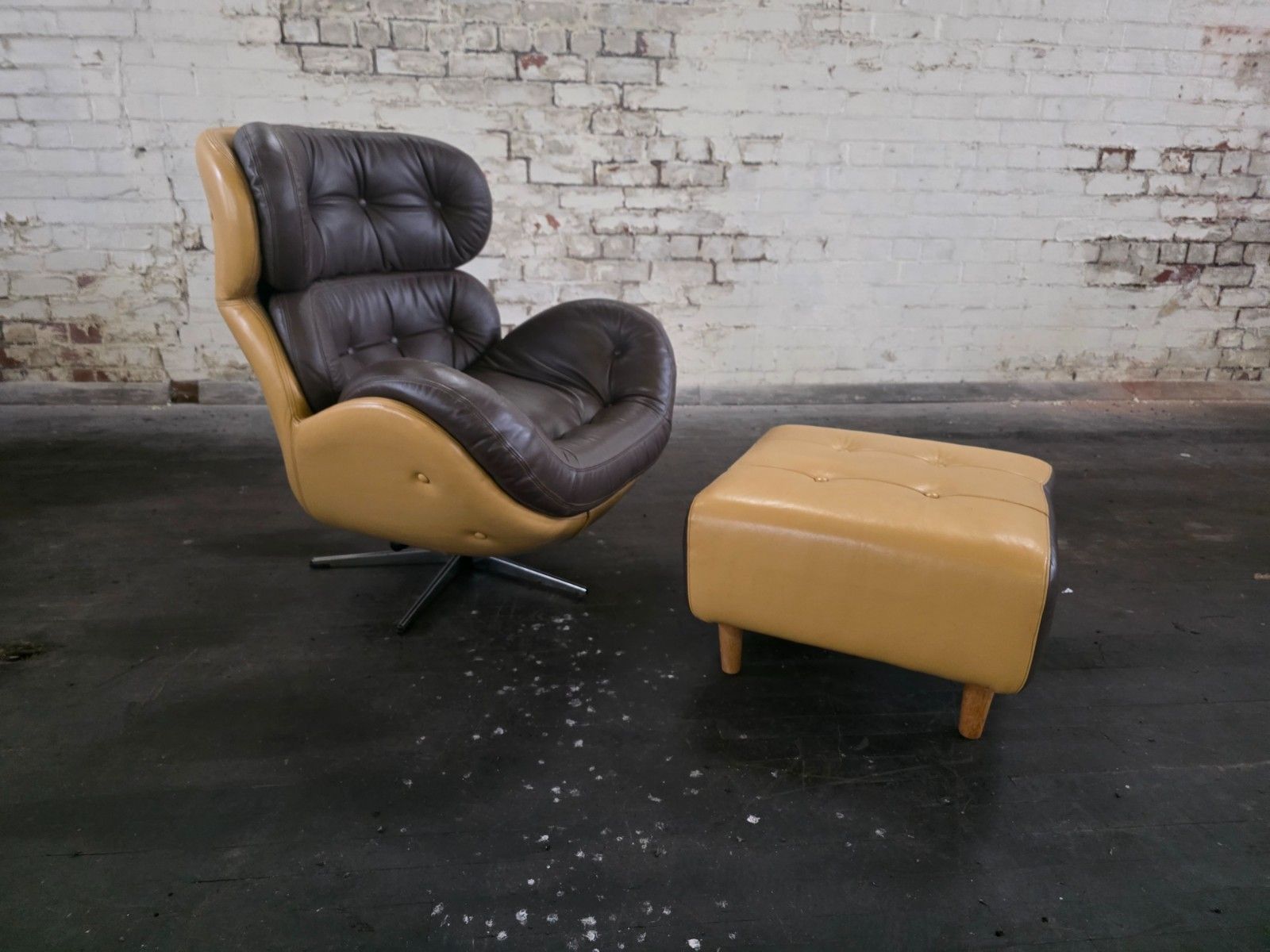 Original Mid Century 1970s Lounge Chair With Footstool In Leather