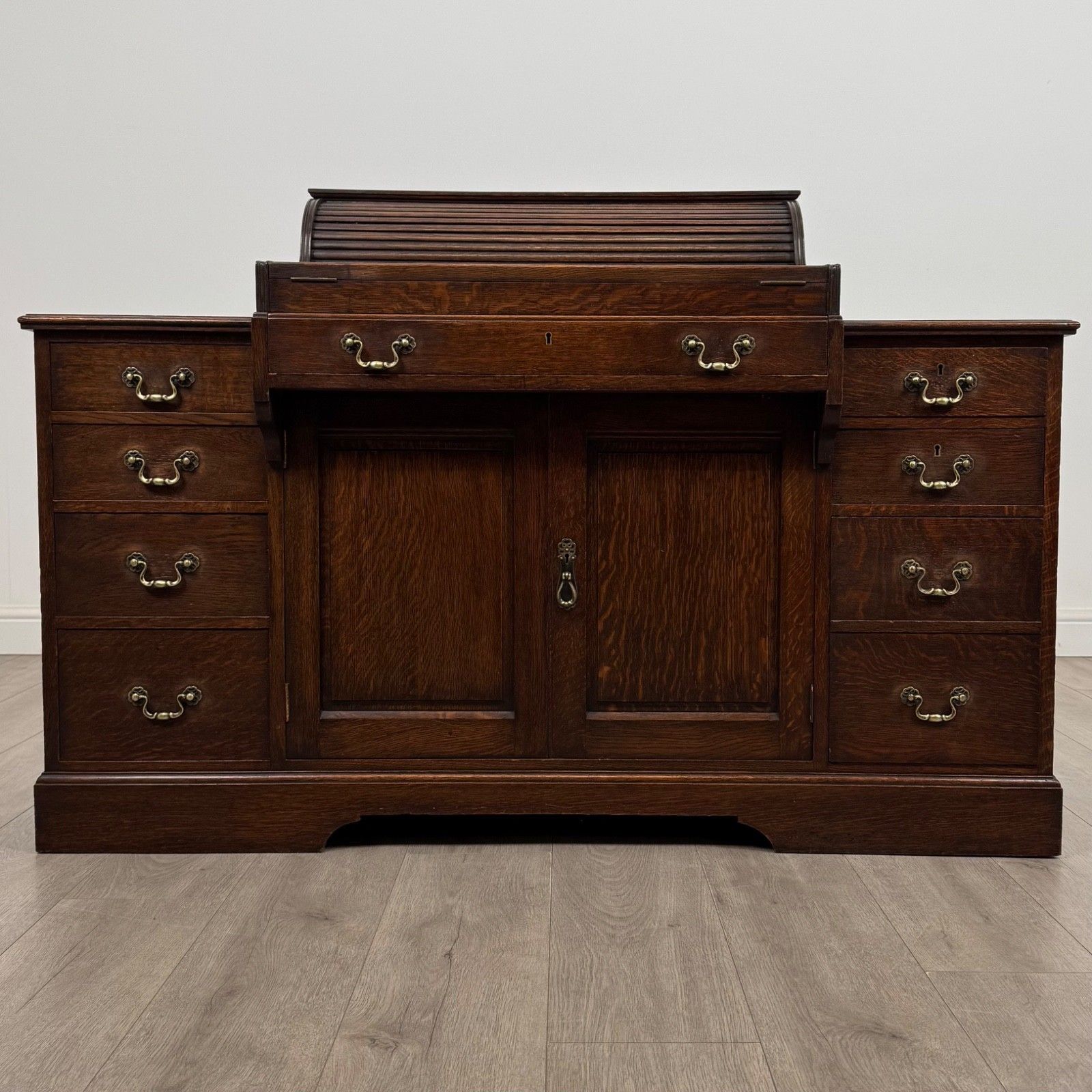 Antique 19th Century Tambour Top Bankers Desk In Oak